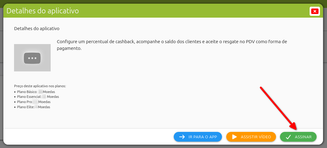 Janela de detalhes do aplicativo de cashback no SMB Store, com descrição do recurso, valores por plano e botão Assinar destacado.