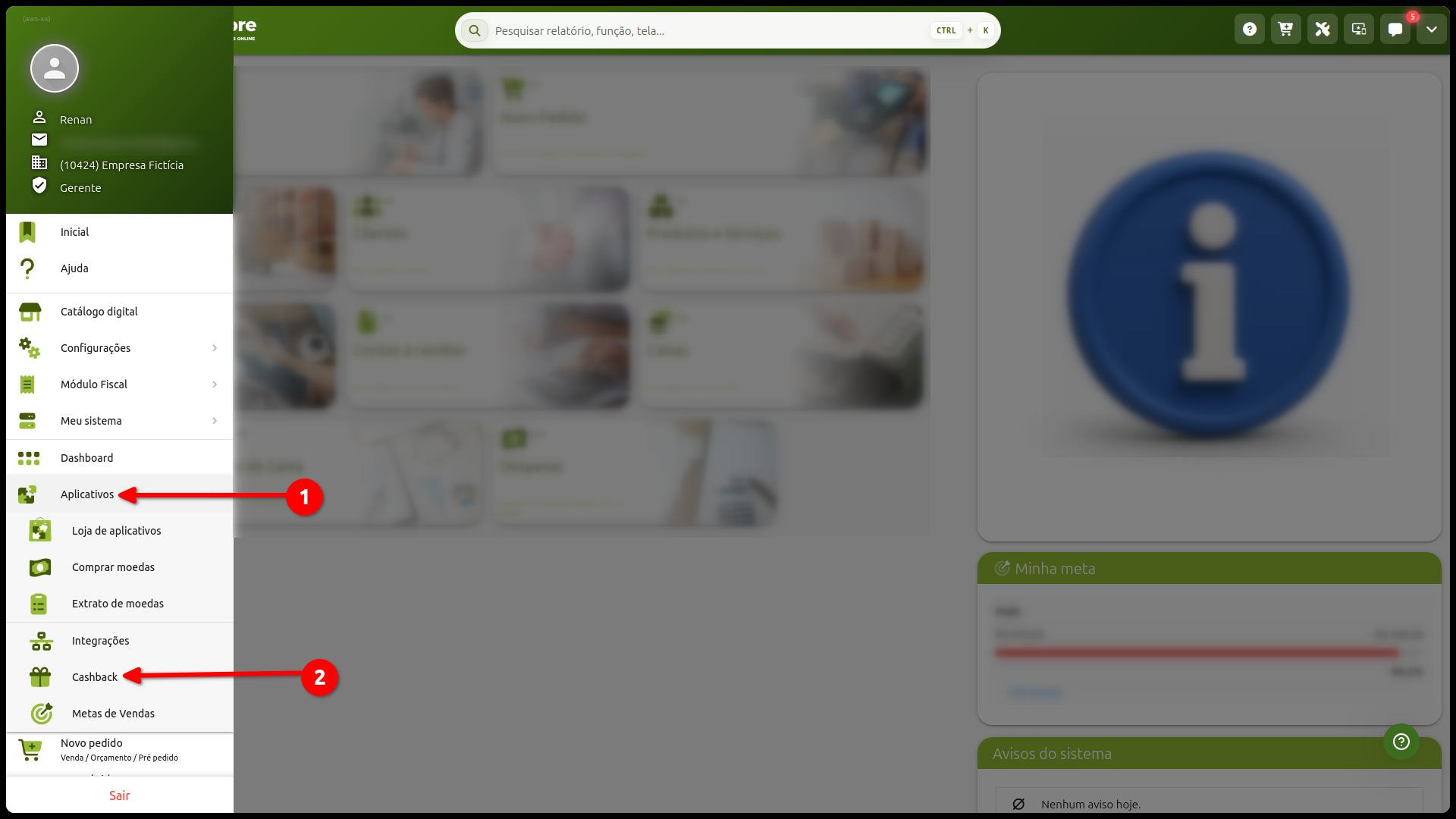 Menu lateral do SMB Store indicando o caminho Aplicativos e Cashback para acessar o programa de fidelidade.