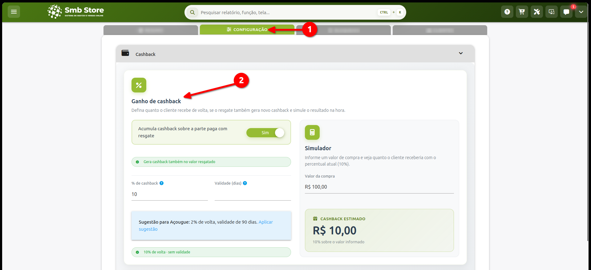 Tela de configuração do cashback no SMB Store, com percentual de ganho, validade, opção de acumular sobre o resgate e simulador.