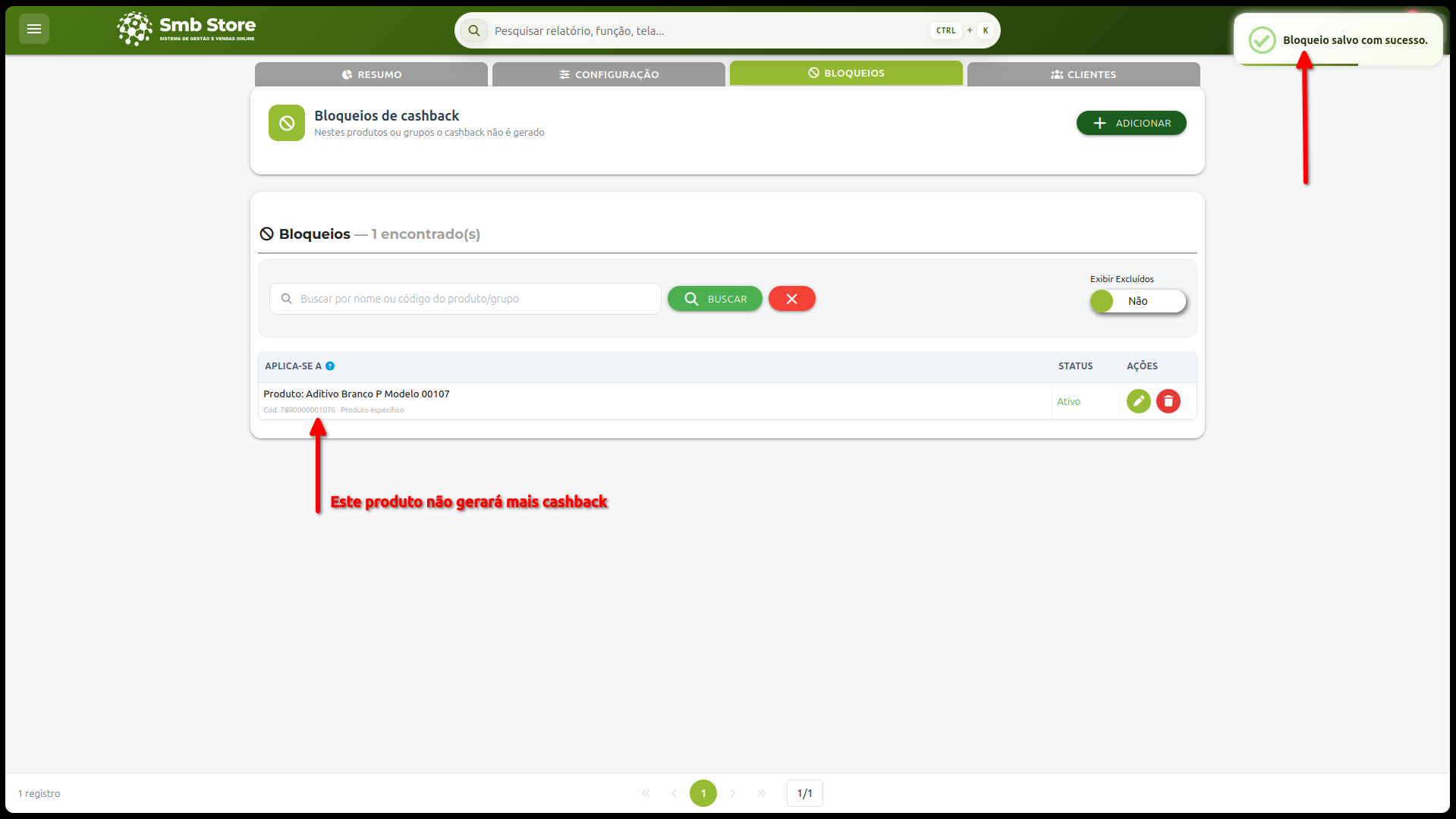 Lista de bloqueios de cashback mostrando um produto com status ativo e mensagem de confirmação “Bloqueio salvo com sucesso”.