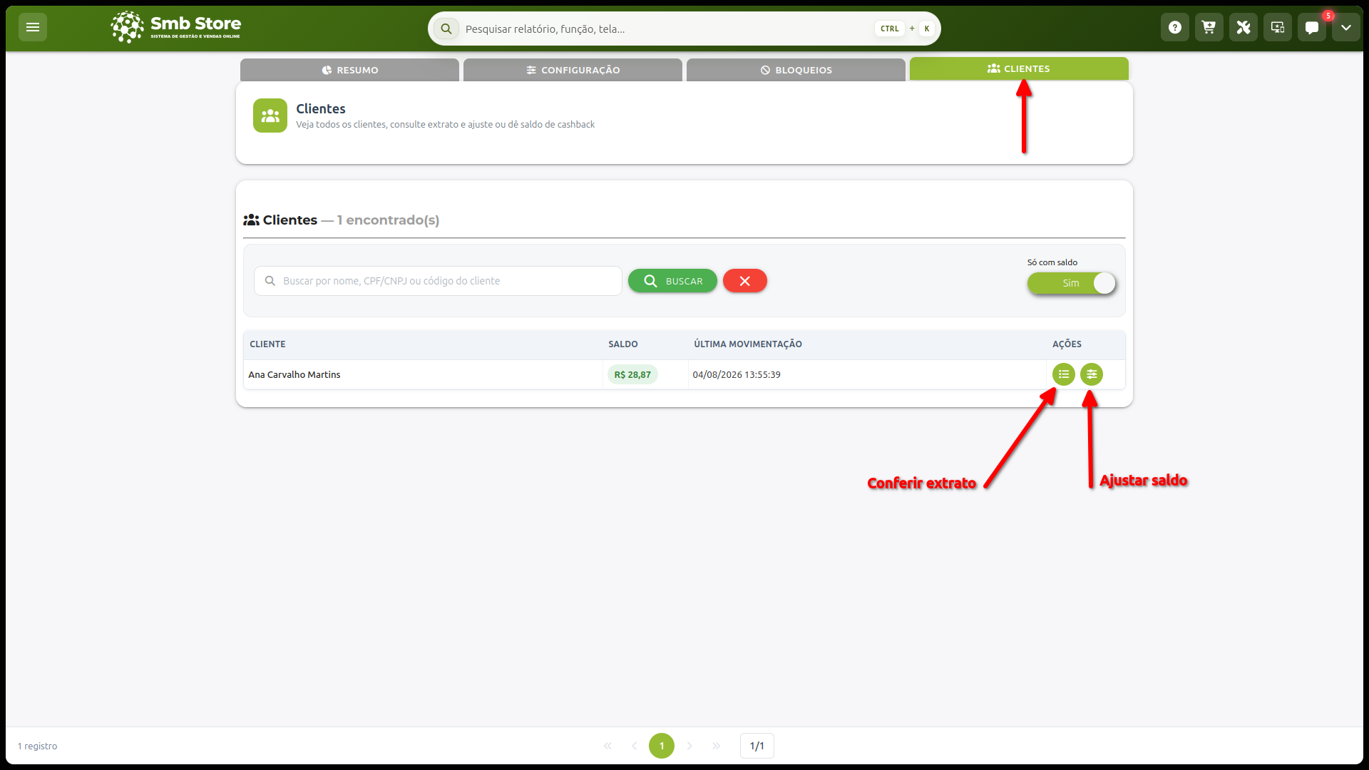 Aba Clientes do cashback com saldo disponível, última movimentação e botões para consultar o extrato ou ajustar o saldo.