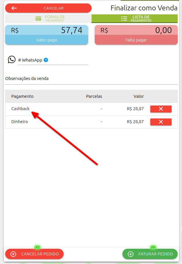 Lista de pagamentos da venda com parte do valor paga em cashback e o restante em dinheiro, totalizando R$ 57,74.