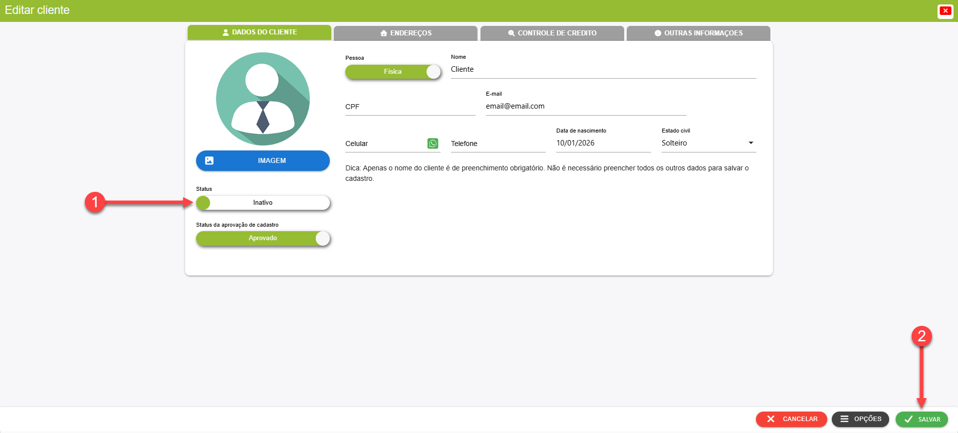 Tela do sistema SMB Store indicando como reativar o cadastro de um cliente, em Pessoas > Clientes.