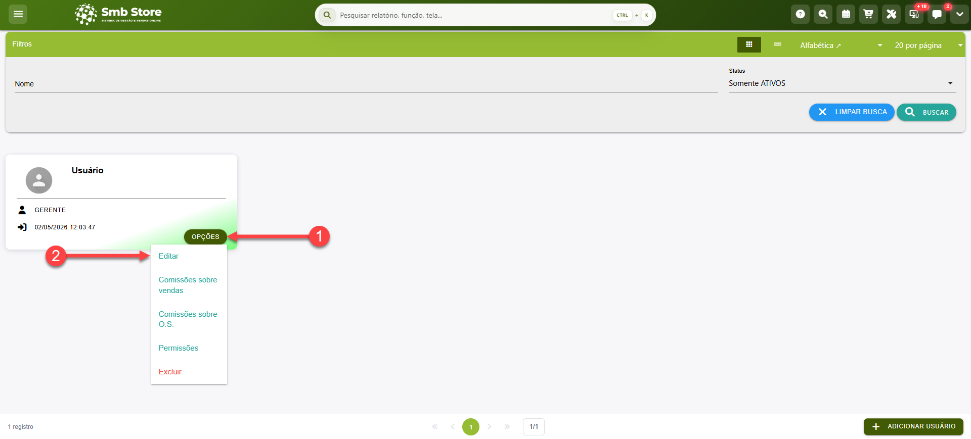 Tela do sistema SMB Store destacando como acessar o cadastro de um usuário já registrado, em Pessoas > Usuários.