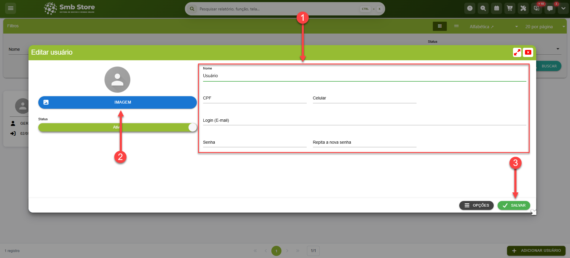 Tela do sistema SMB Store destacando como editar os dados cadastrais de um usuário já registrado, em Pessoas > Usuários.