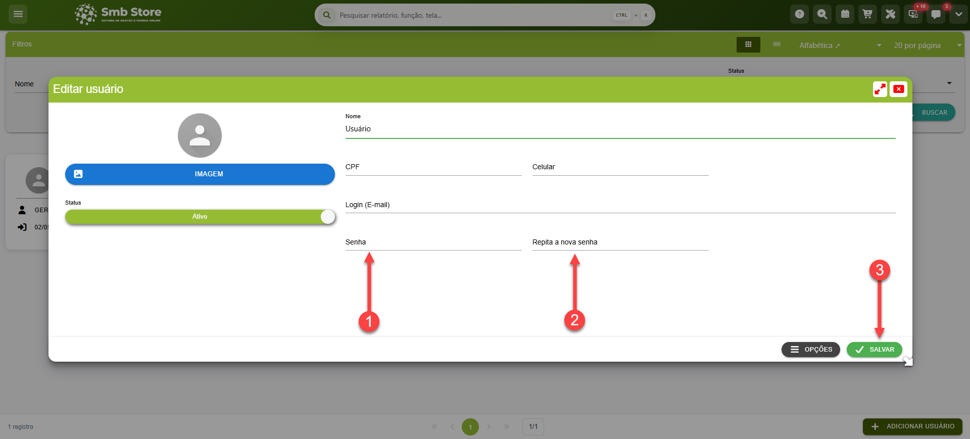 Tela do sistema SMB Store destacando como redefinir/alterar a senha de um usuário já registrado, em Pessoas > Usuários.
