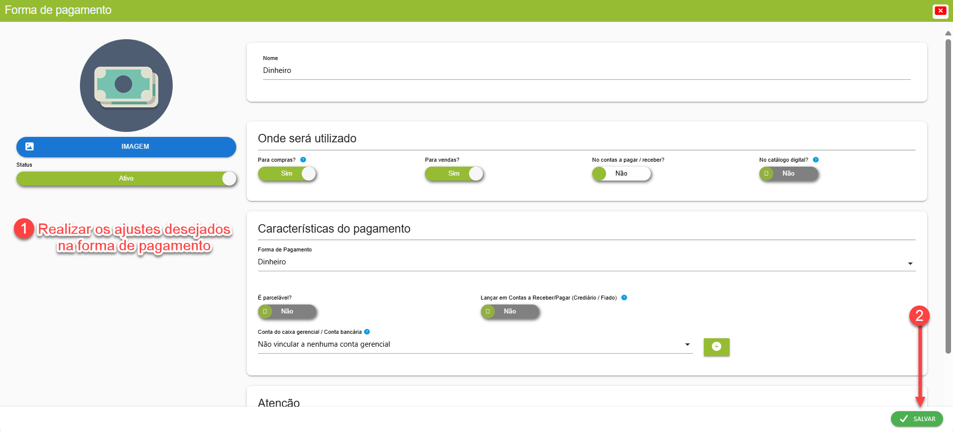 Tela do sistema SMB Store exibindo os campos para personalização de uma forma de pagamento, em Financeiro > Formas de pagamento.
