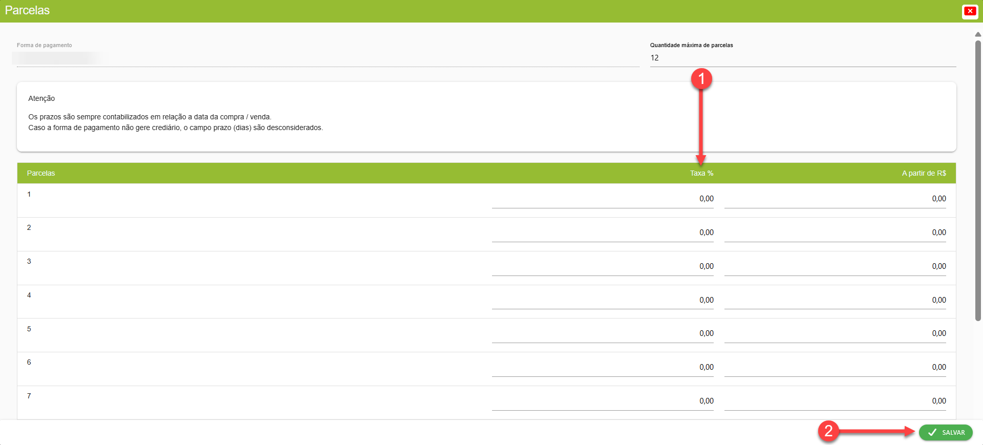 Tela do sistema SMB Store indicando os campos para o cadastro de taxas em parcelas individuais de uma forma de pagamento parcelável, em Financeiro > Formas de pagamento.