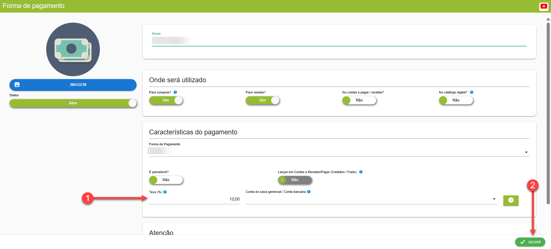 Tela do sistema SMB Store indicando o campo para o cadastro de uma taxa fixa para uma forma de pagamento, em Financeiro > Formas de pagamento.