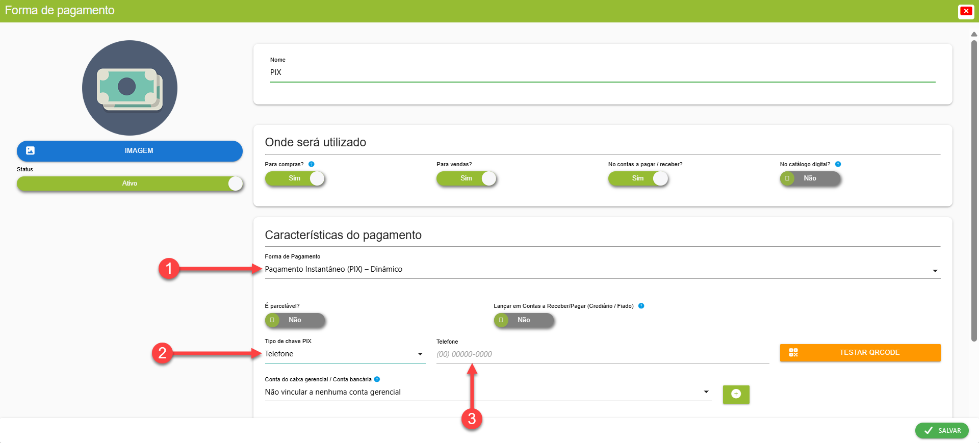 Tela do sistema SMB Store indicando os campos para o cadastro de uma chave PIX, em Financeiro > Formas de pagamento.