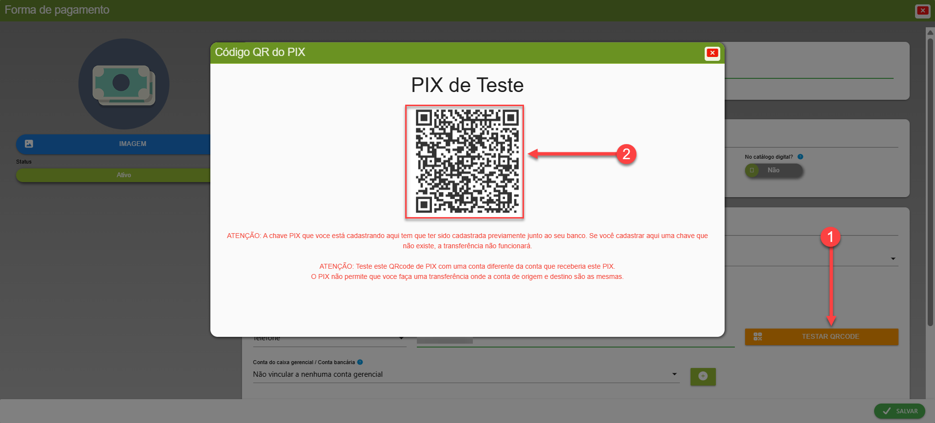 Tela do sistema SMB Store indicando como gerar um QR Code de teste para a chave PIX cadastrada em uma forma de pagamento, em Financeiro > Formas de pagamento.