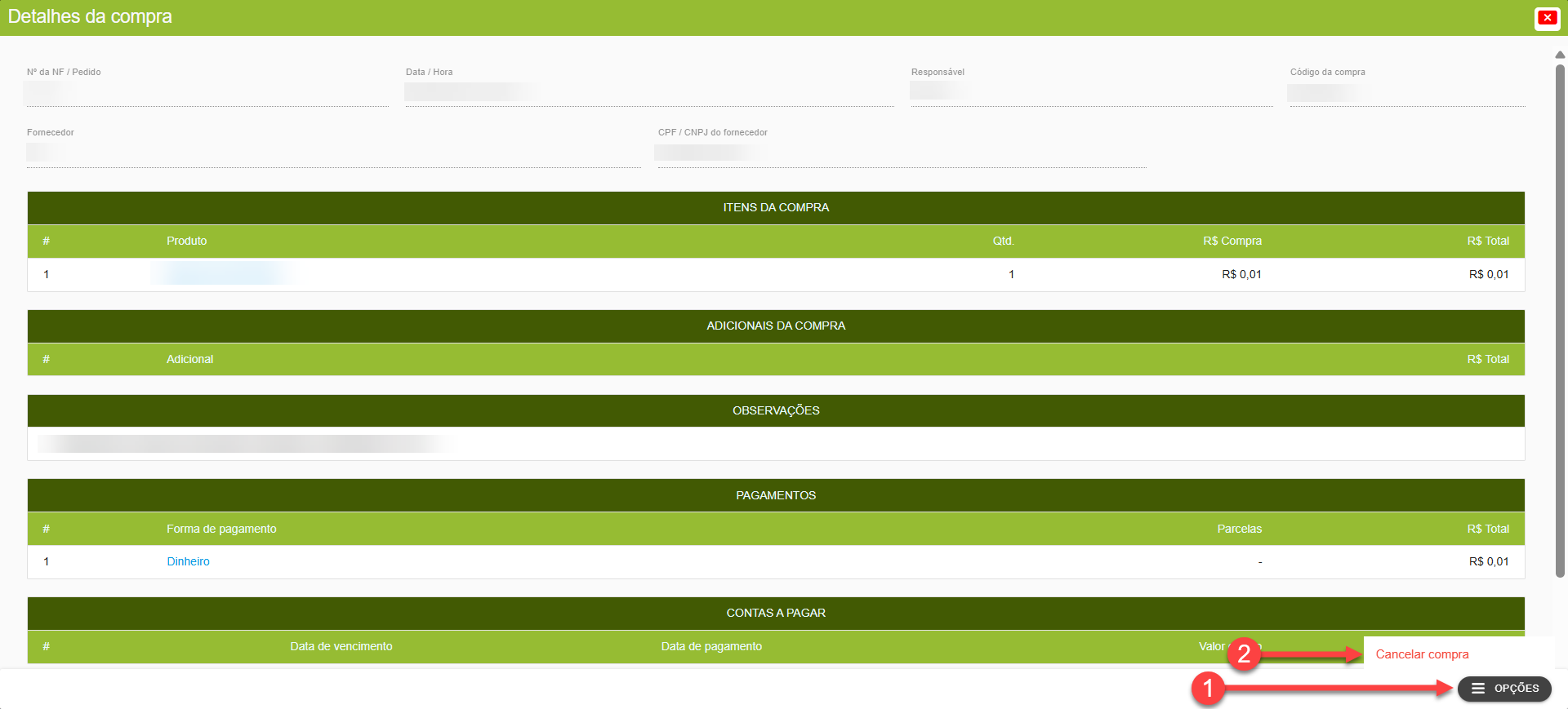 Tela do sistema SMB Store indicando como realizar o cancelamento de um pedido de compra/orçamento lançado, em Compras > Listagem de compras.