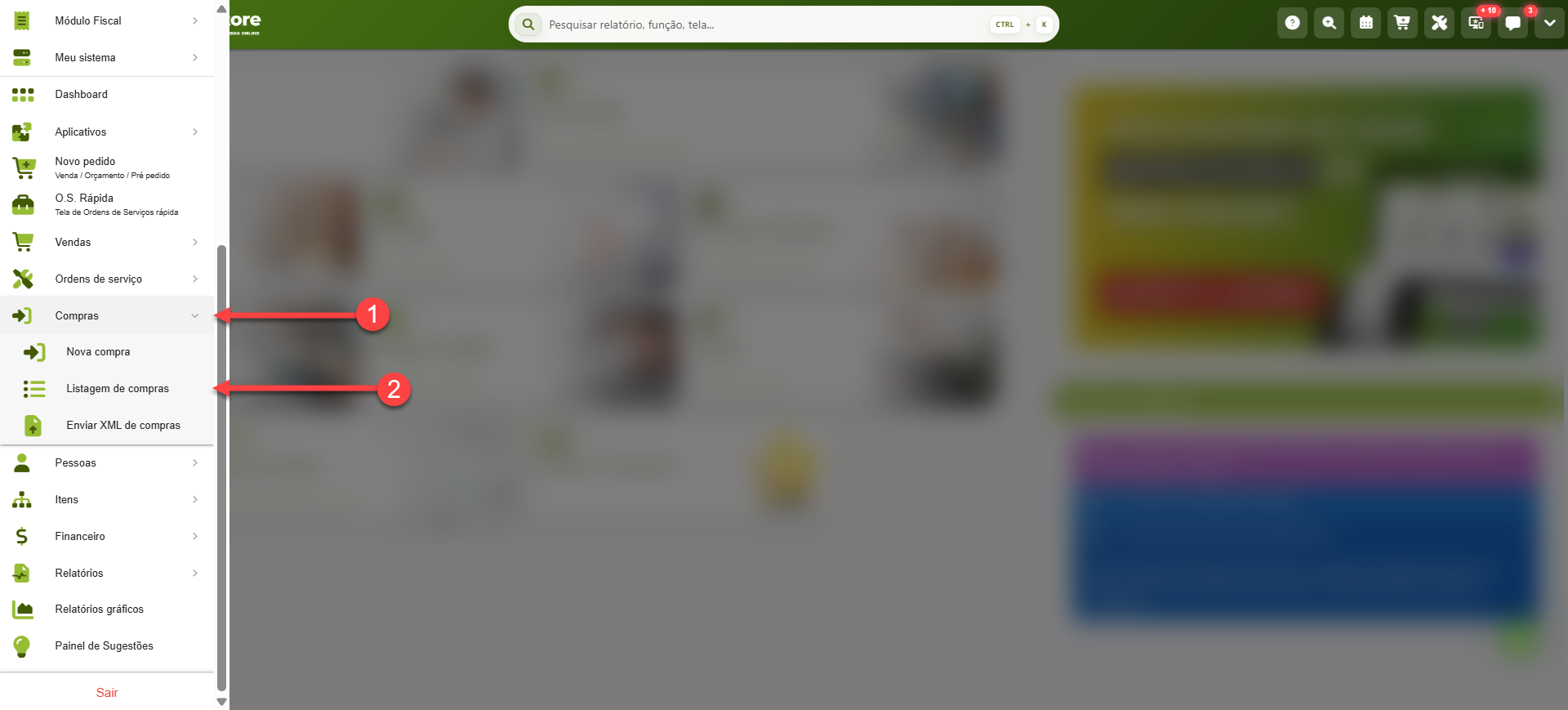 Tela do sistema SMB Store indicando como acessar a listagem de compras/orçamentos lançados, em Compras > Listagem de compras.