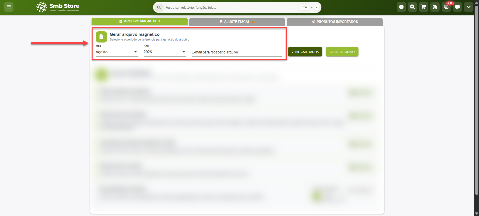 Tela do sistema SMB Store indicando os campos para a aplicação de filtros para gerar o arquivo magnético (Sintegra), em Módulo fiscal > Sintegra.