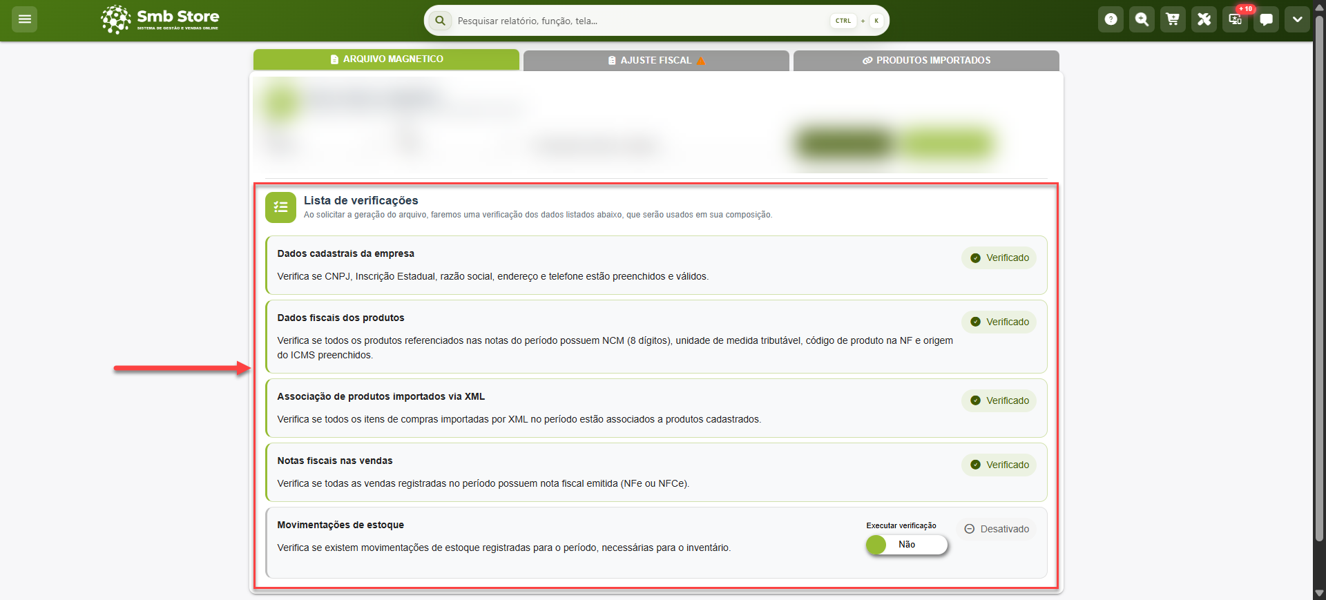 Tela do sistema SMB Store indicando a lista de verificações para a geração do arquivo magnético (Sintegra), em Módulo fiscal > Sintegra.