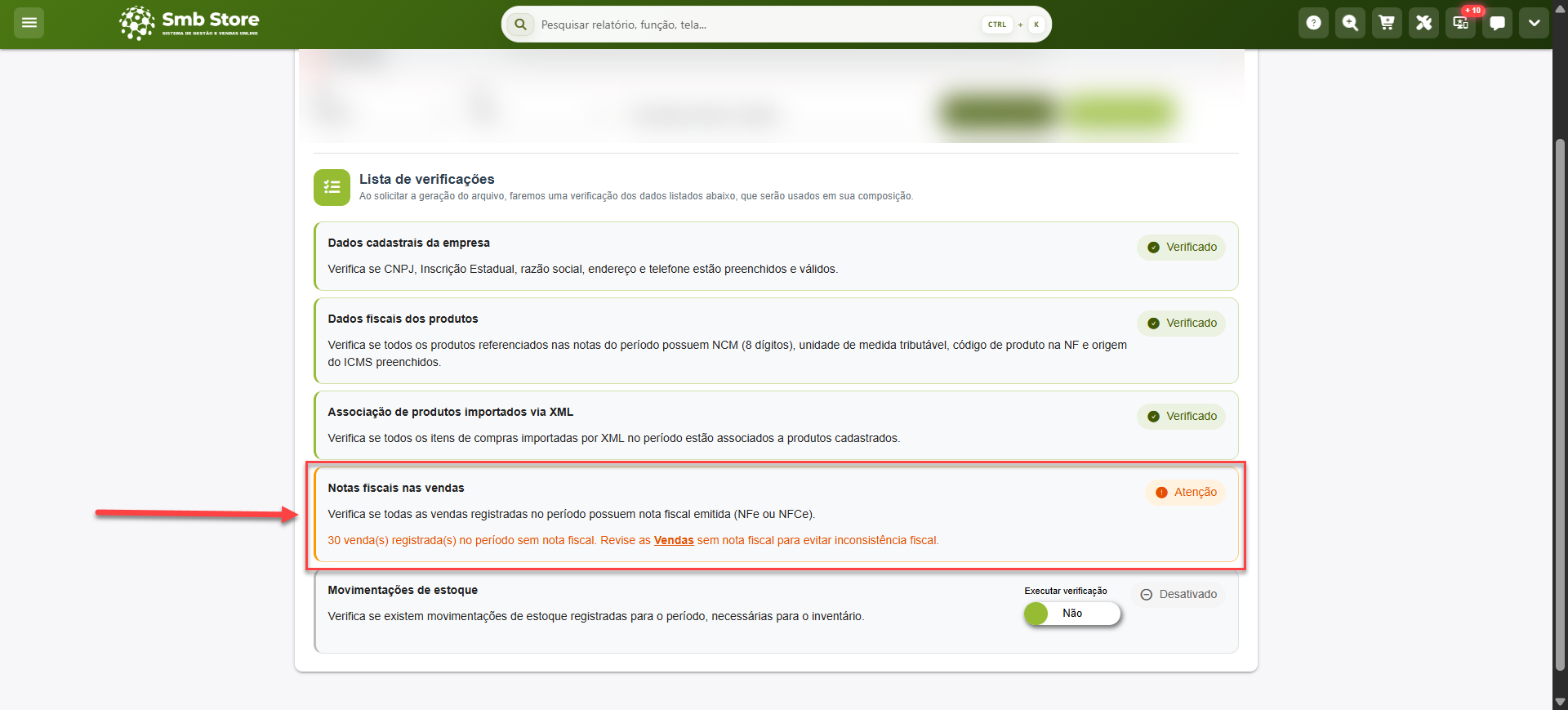 Tela do sistema SMB Store indicando um item da lista de verificações com a exibição do texto "Atenção" ao tentar efetuar a geração do arquivo magnético (Sintegra), em Módulo fiscal > Sintegra.