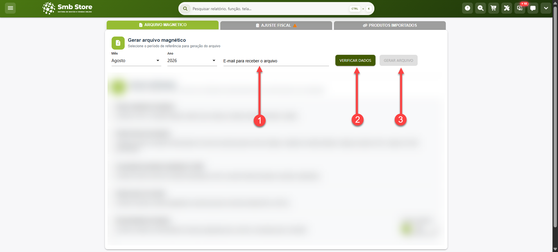 Tela do sistema SMB Store indicando os campos para preenchimento e botões para efetuar a geração do arquivo magnético (Sintegra), em Módulo fiscal > Sintegra.