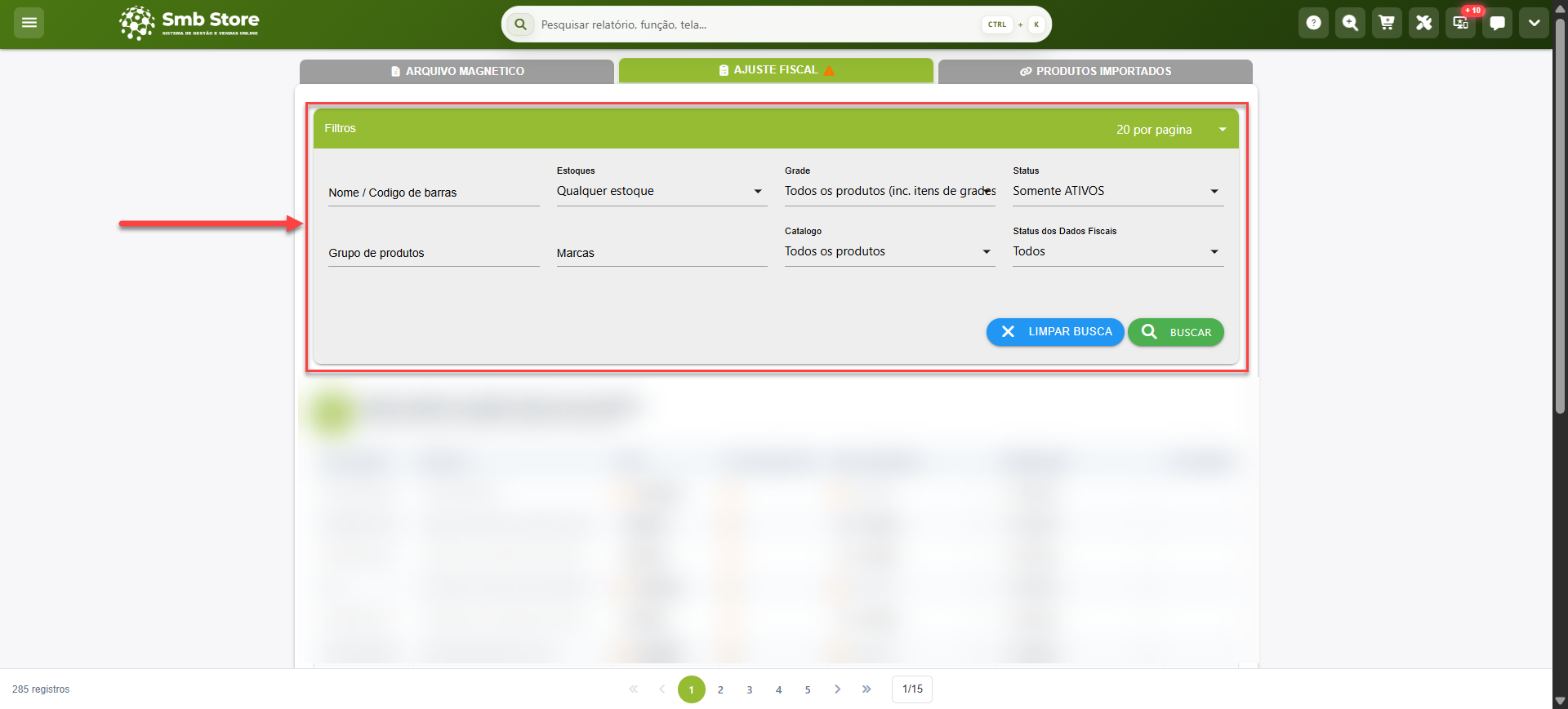 Tela do sistema SMB Store indicando os filtros para busca de produtos para ajuste dos dados fiscais, em Módulo fiscal > Sintegra.