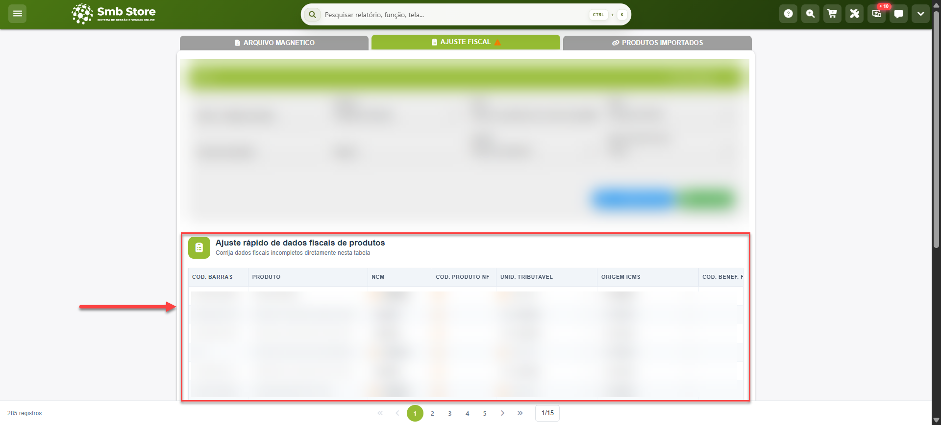 Tela do sistema SMB Store indicando os campos para o preenchimento de dados fiscais de produtos, em Módulo fiscal > Sintegra.