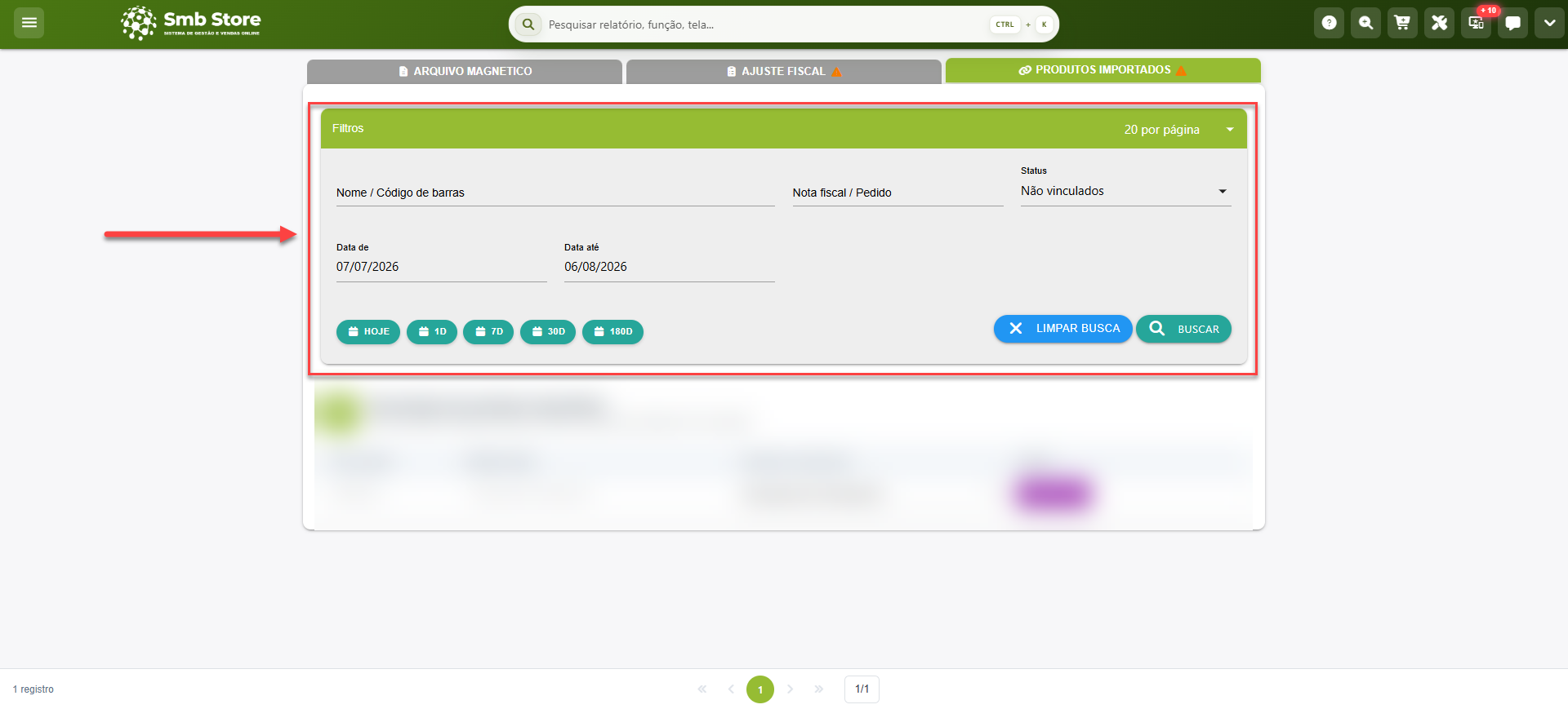 Tela do sistema SMB Store indicando os filtros para busca de compras lançadas a partir da importação de XML para a associação ou desassociação de produtos, em Módulo fiscal > Sintegra.