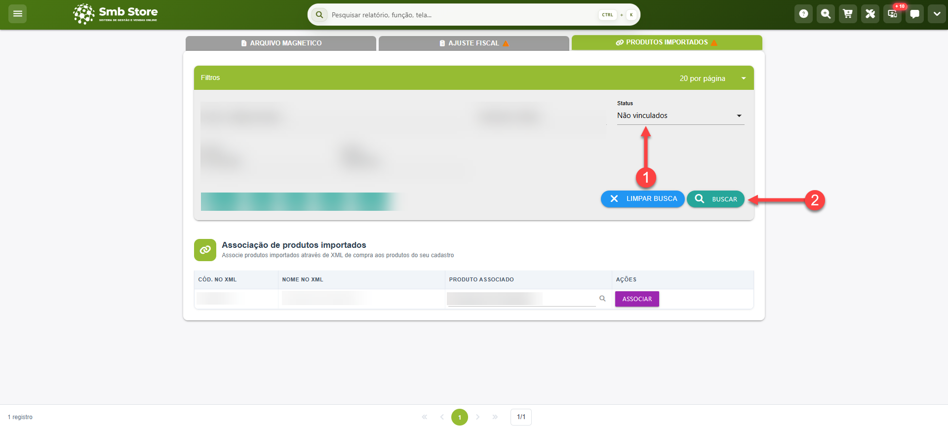 Tela do sistema SMB Store indicando o filtro de "Status" para a busca por produtos "Não vinculados" para efetuar a associação à um produto cadastrado, em Módulo fiscal > Sintegra.