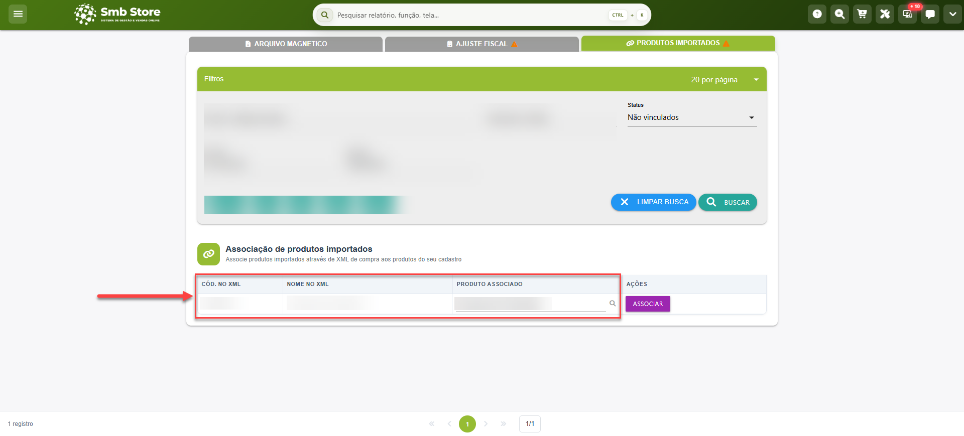 Tela do sistema SMB Store indicando os campos com informações sobre o código do produto na XML, o nome do produto na XML e o campo para busca por produto para associação, em Módulo fiscal > Sintegra.