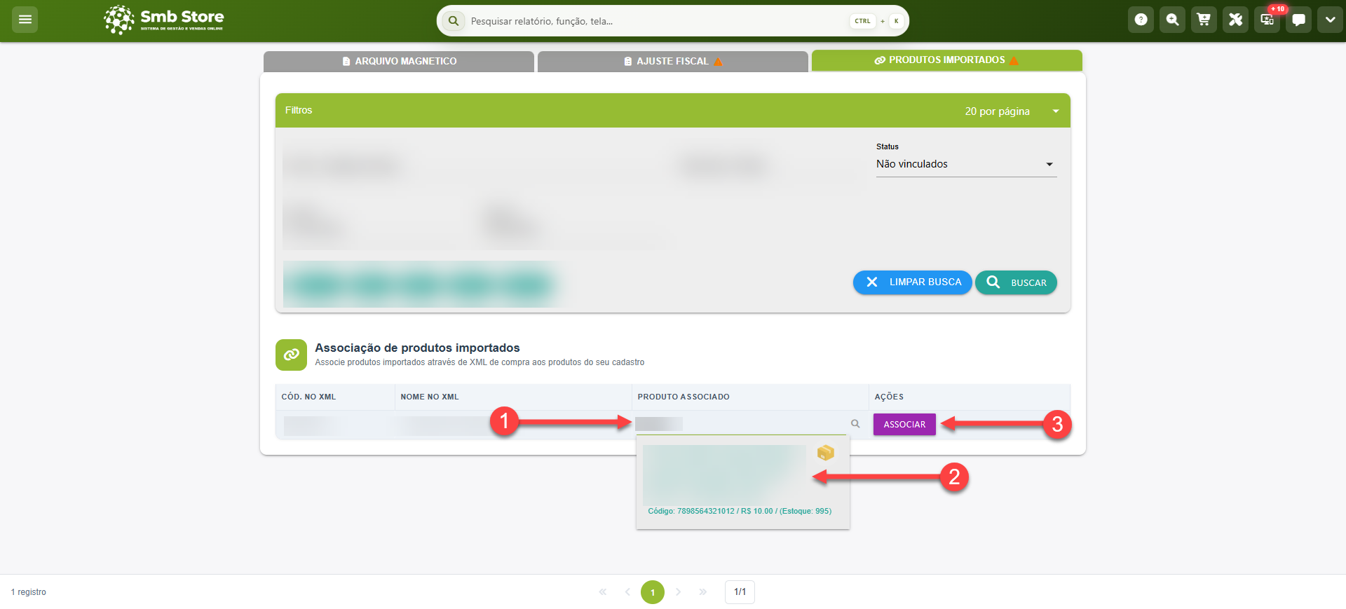 Tela do sistema SMB Store indicando como efetuar a associação de um produto de uma XML/compra à um produto já cadastrado, em Módulo fiscal > Sintegra.