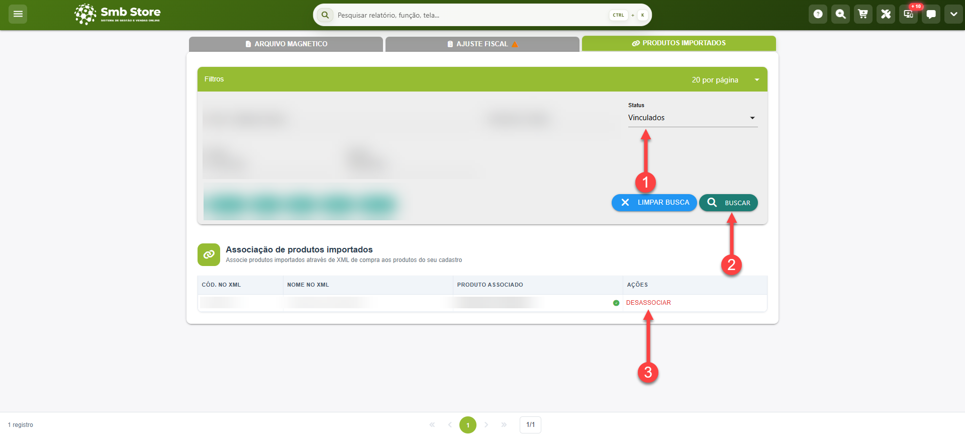 Tela do sistema SMB Store indicando como efetuar a desassociação de um produto de uma XML/compra associado à um produto já cadastrado, em Módulo fiscal > Sintegra.