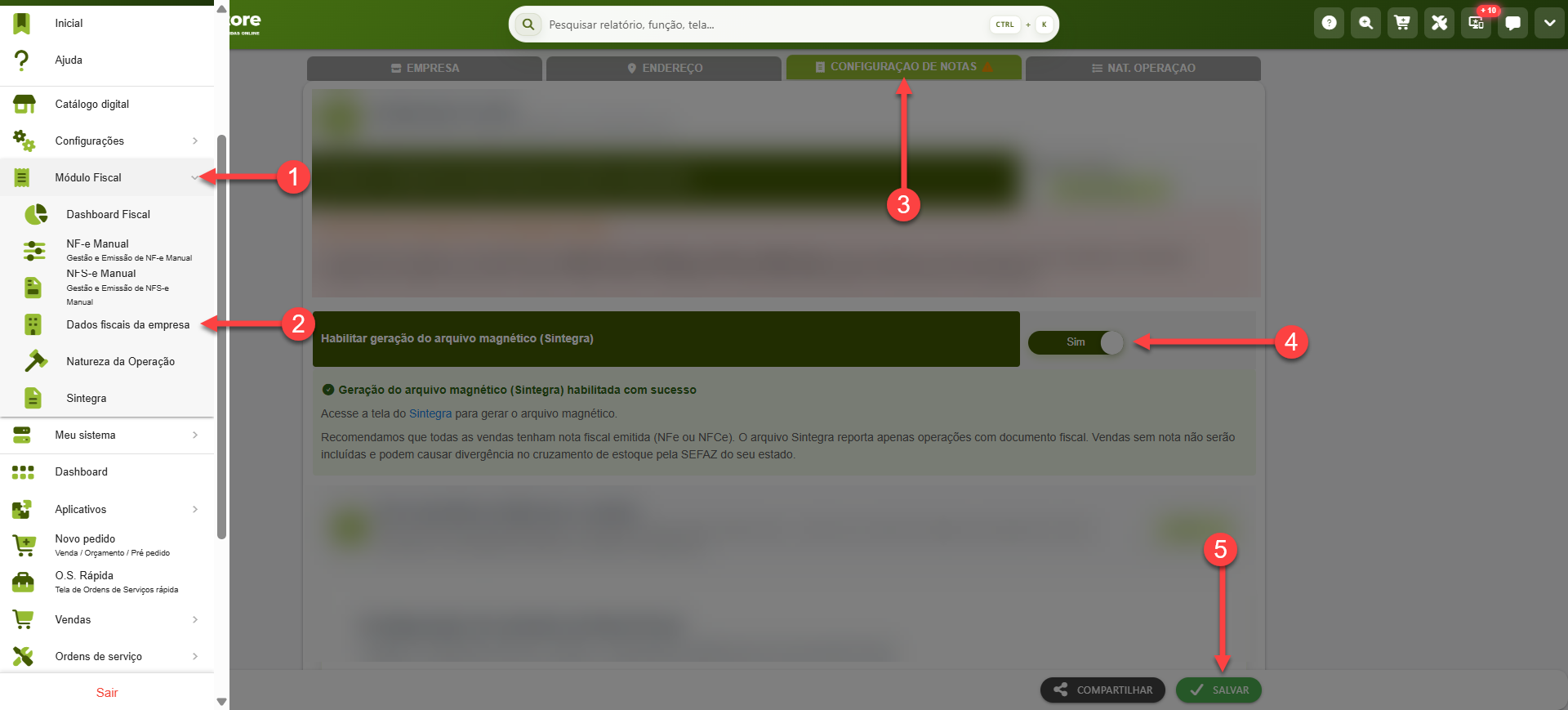 Tela do sistema SMB Store indicando como ativar a geração do arquivo Sintegra, em Módulo fiscal > Dados fiscais da empresa.