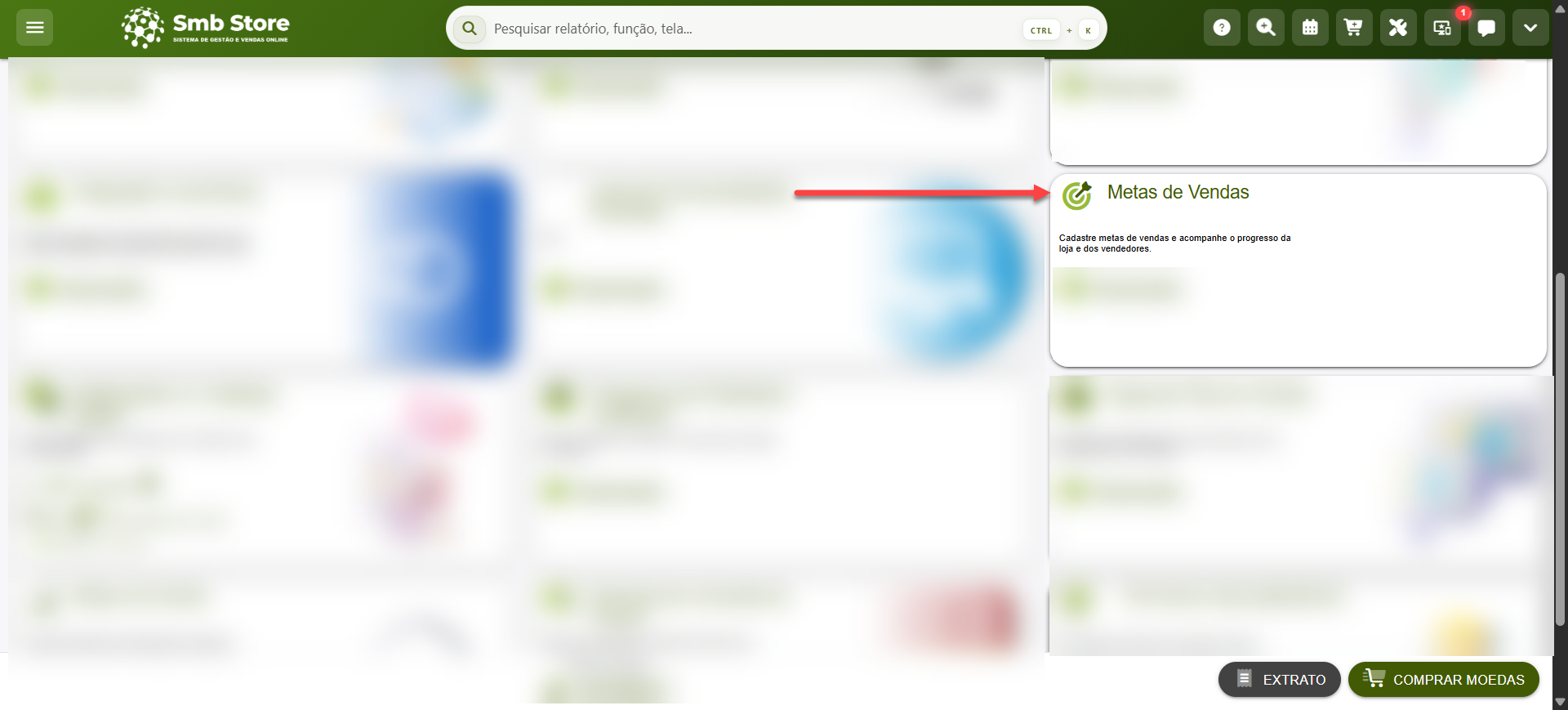 Tela do sistema SMB Store destacando o aplicativo Metas de Vendas na Loja de Aplicativos, em Aplicativos > Loja de Aplicativos.
