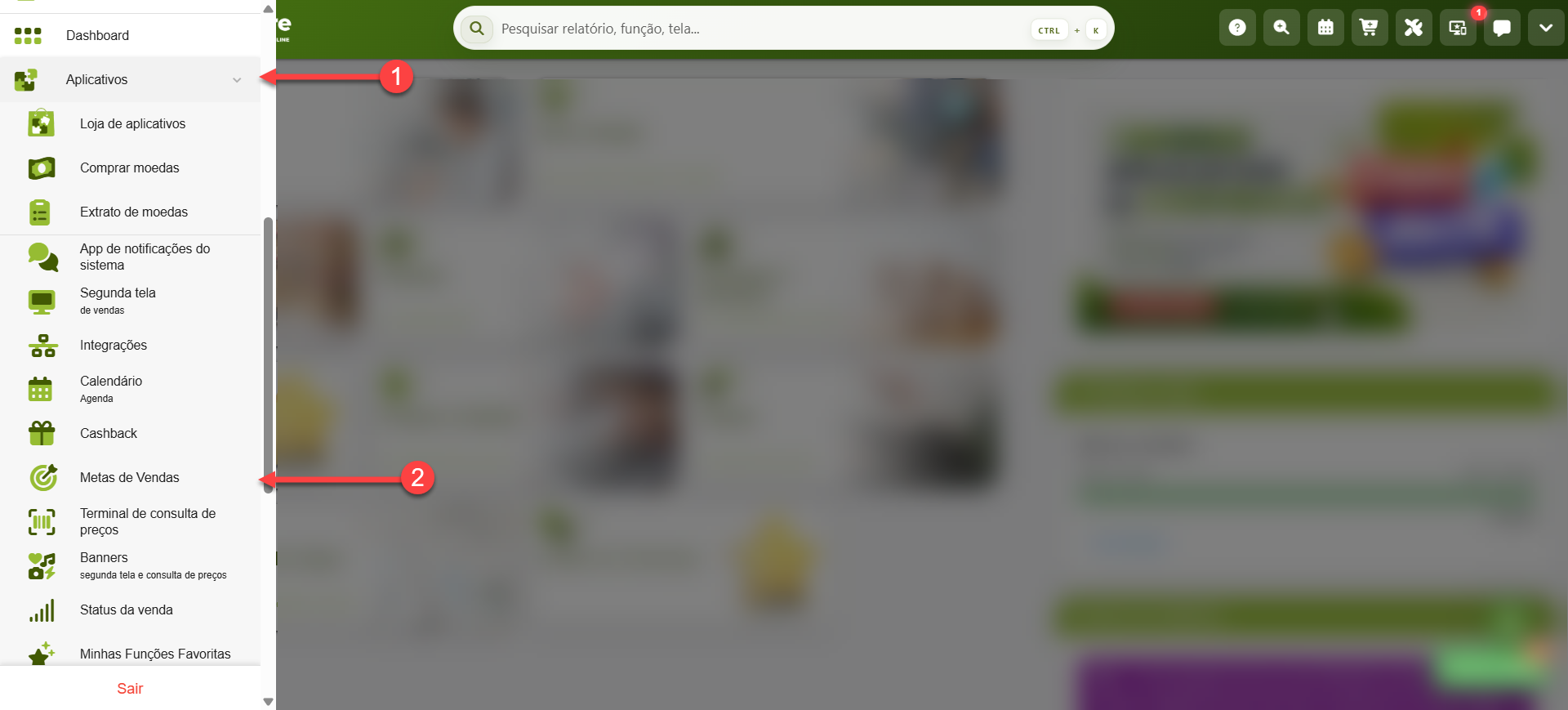 Tela inicial do sistema SMB Store indicando como acessar o aplicativo Metas de Vendas, em Aplicativos > Metas de Vendas.
