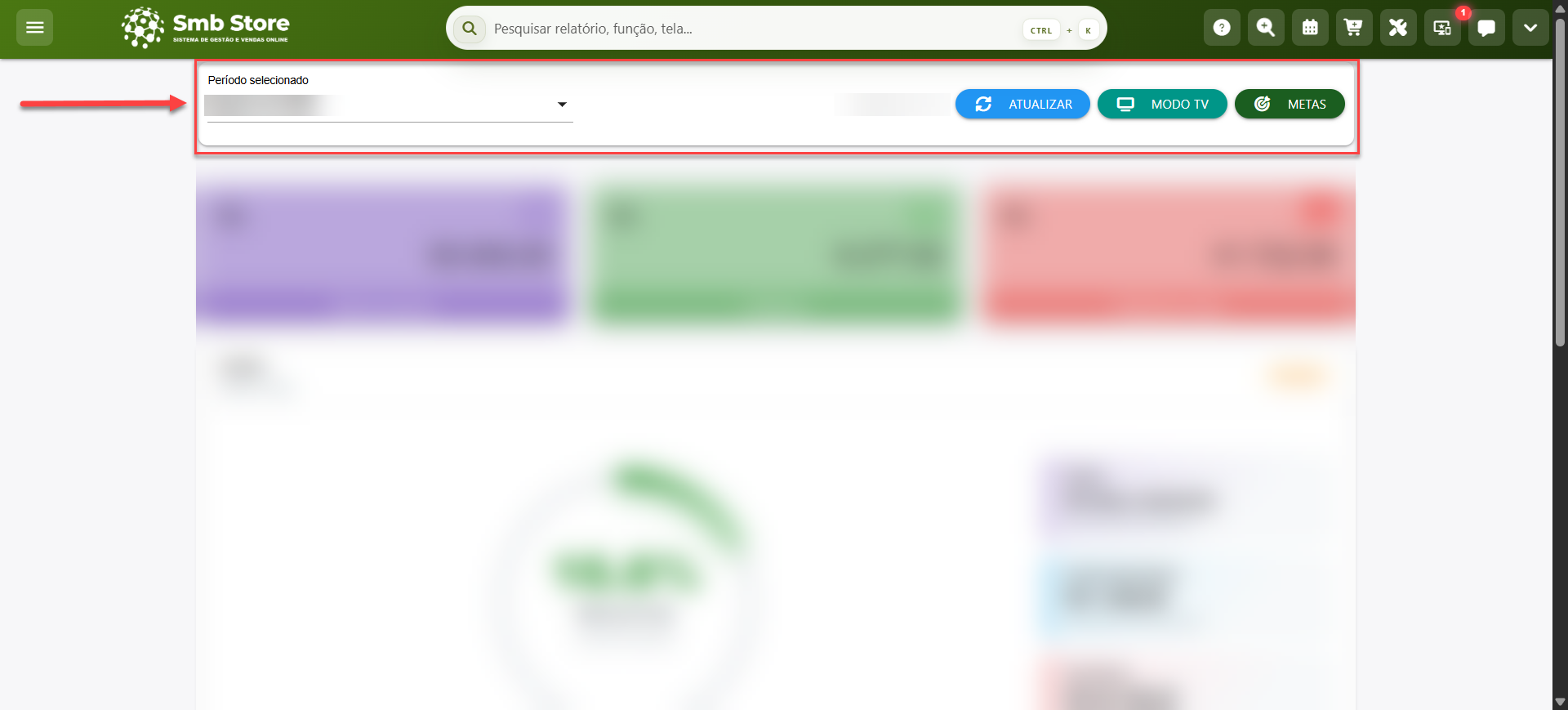 Tela do sistema SMB Store indicando o filtro de período e funcionalidades da tela de metas de vendas, em Aplicativos > Metas de Vendas.