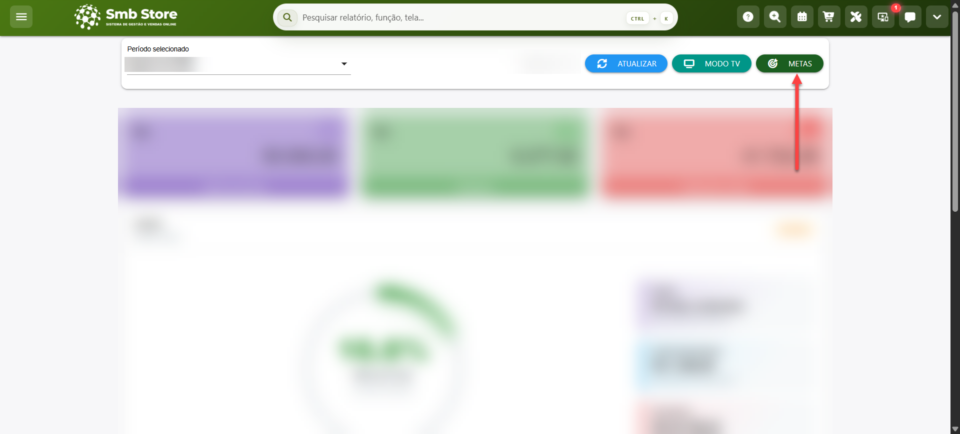 Tela do sistema SMB Store indicando o botão para a exibição e consulta de metas definidas, em Aplicativos > Metas de Vendas.