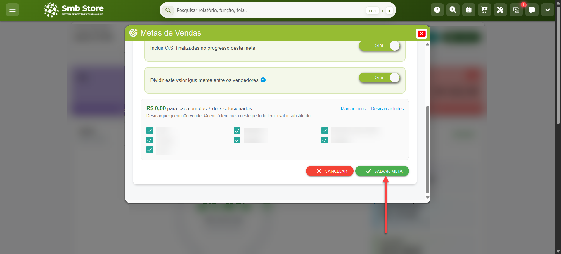 Tela do sistema SMB Store indicando como salvar uma meta, em Aplicativos > Metas de Vendas.