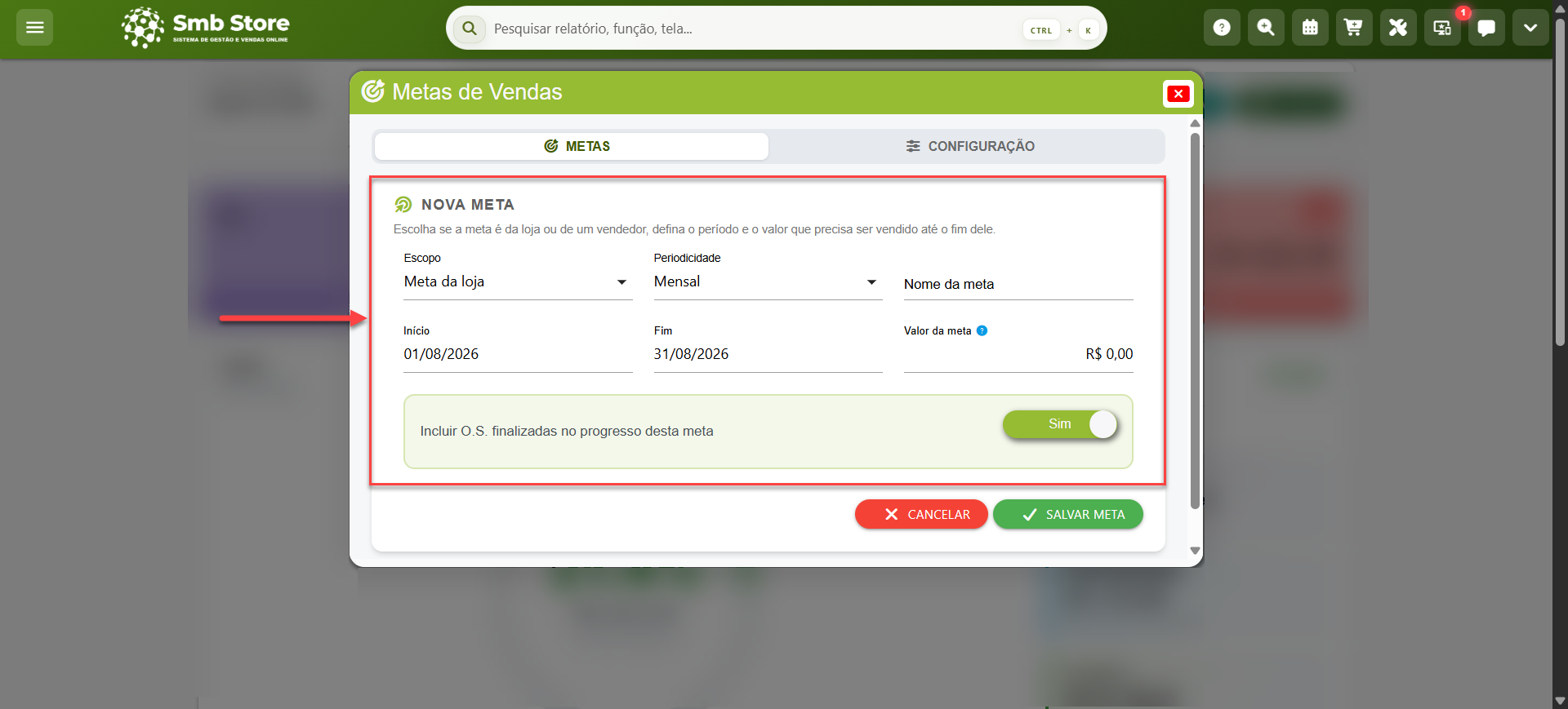 Tela do sistema SMB Store indicando os campos para o preenchimento e cadastro de metas, em Aplicativos > Metas de Vendas.