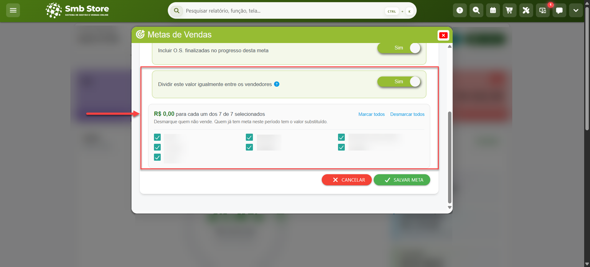 Tela do sistema SMB Store indicando os campos referentes à divisão de valores de uma meta igualmente entre os vendedores, em Aplicativos > Metas de Vendas.
