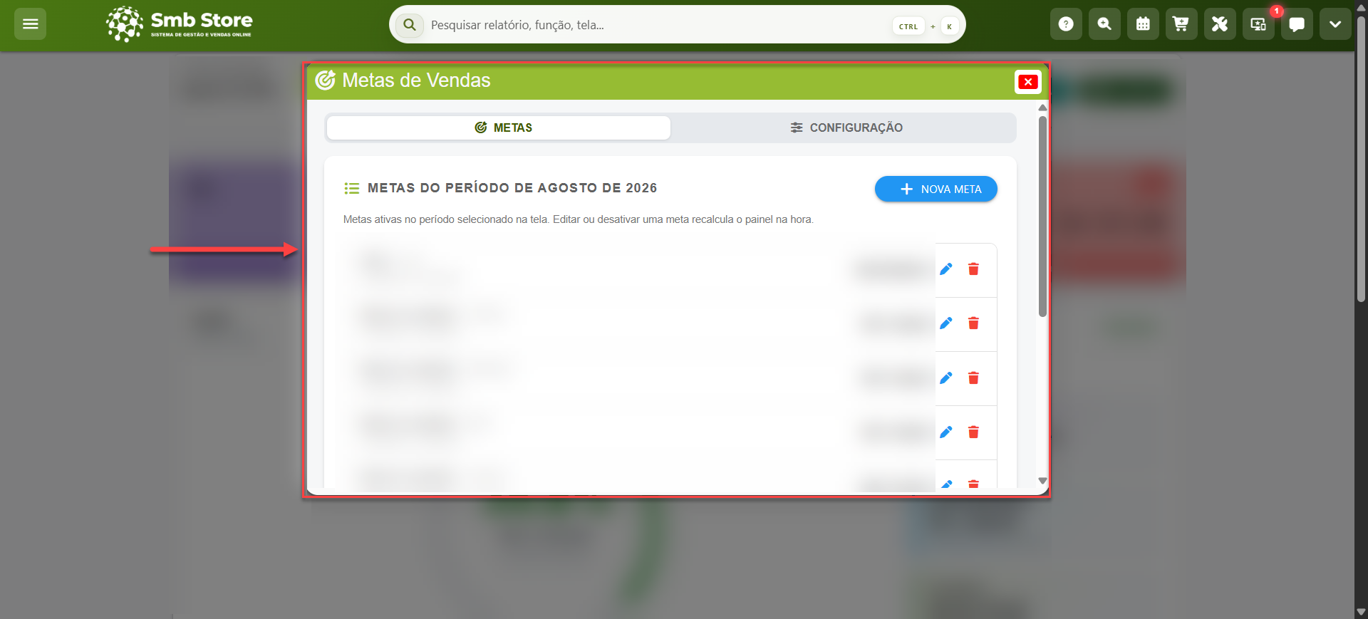 Tela do sistema SMB Store exibindo metas definidas no período selecionado, em Aplicativos > Metas de Vendas.