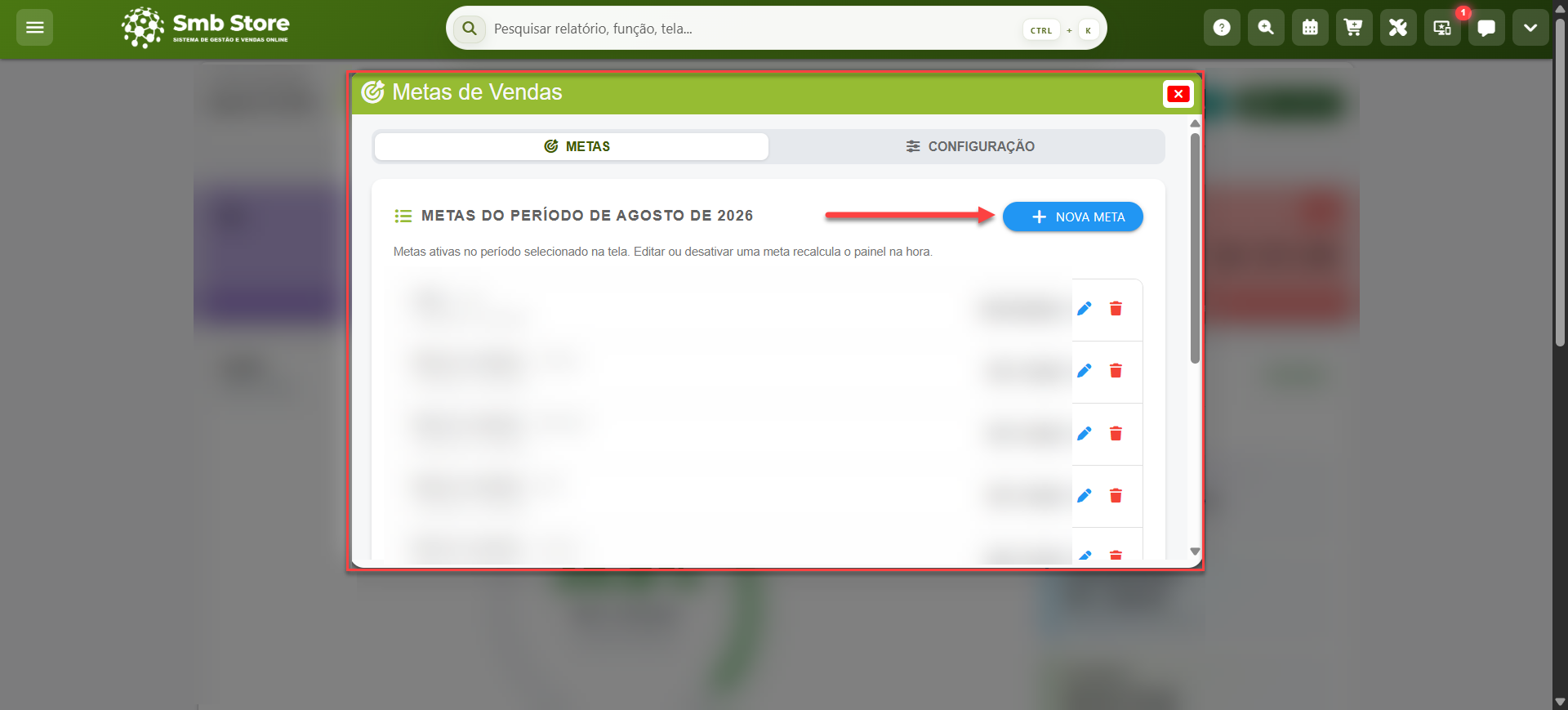 Tela do sistema SMB Store indicando o botão para cadastro de uma nova meta, em Aplicativos > Metas de Vendas.