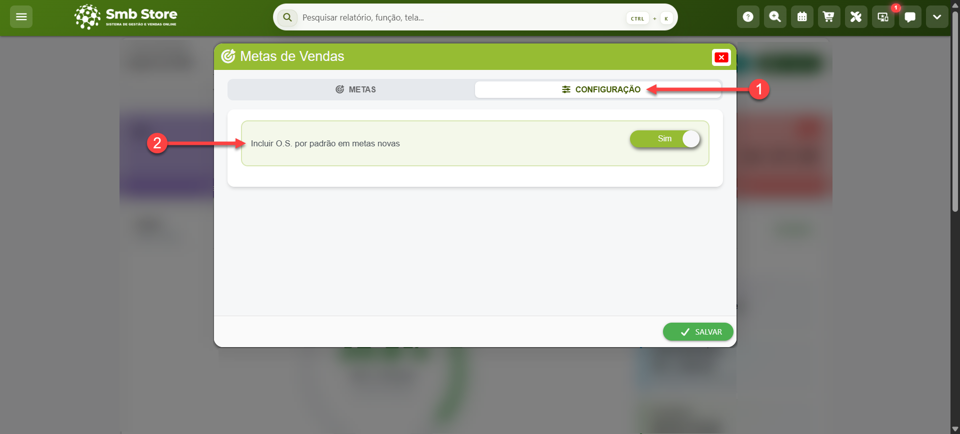 Tela do sistema SMB Store indicando as configurações de uma meta, em Aplicativos > Metas de Vendas.