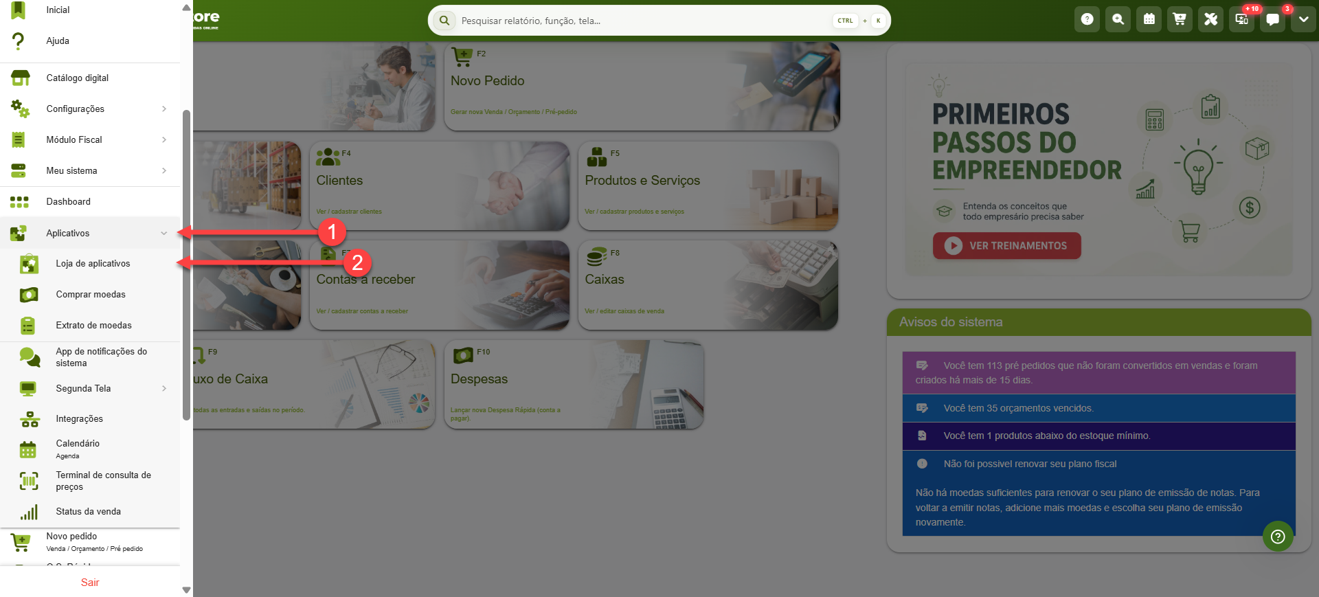 Tela do sistema SMB Store destacando como localizar e acessar a tela referente à loja de aplicativos através do menu lateral, em Aplicativos > Loja de aplicativos