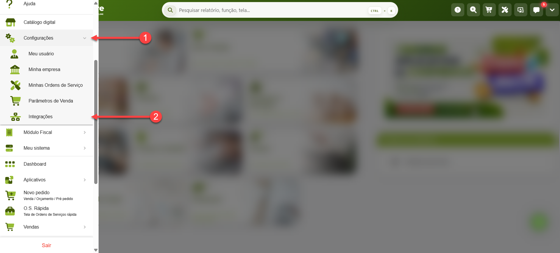 Tela do sistema SMB Store indicando como localizar a tela de Integrações, em Configurações > Integrações.