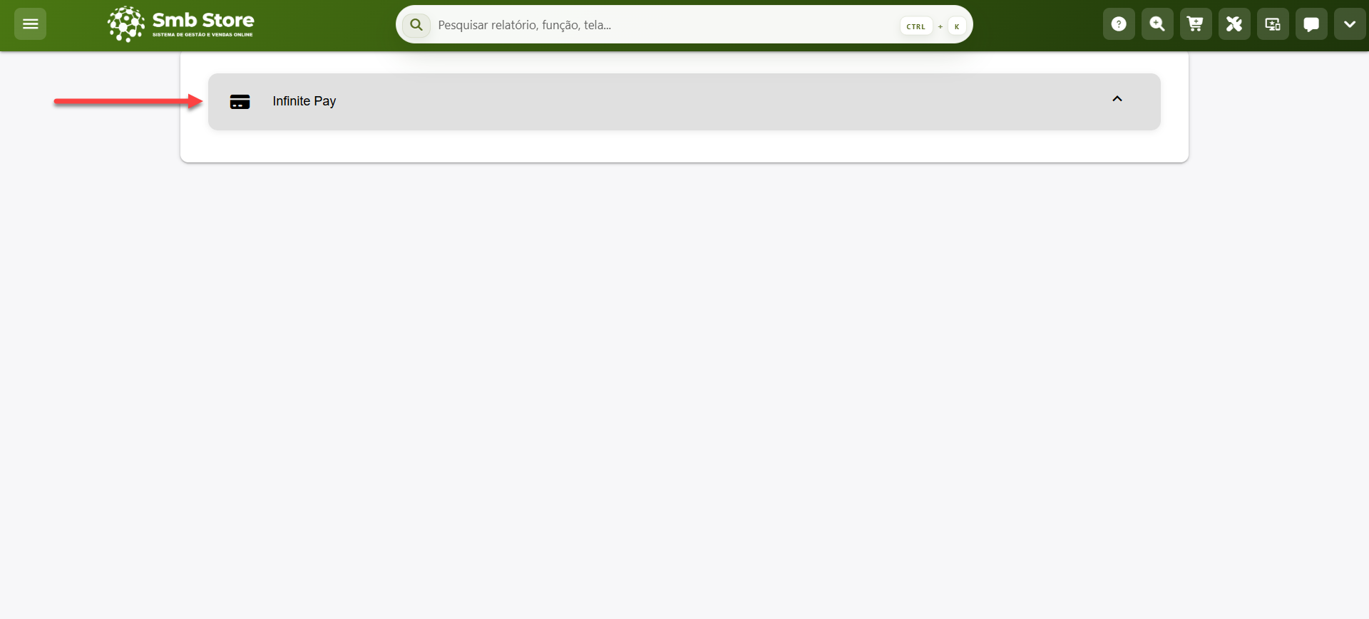 Tela do sistema SMB Store indicando como localizar a integração com a InfinitePay, em Configurações > Integrações.
