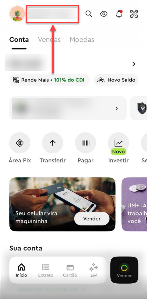 Imagem de exemplo do aplicativo InfinitePay indicando como localizar o usuário para uso na integração entre o SMB Online e a InfinitePay.