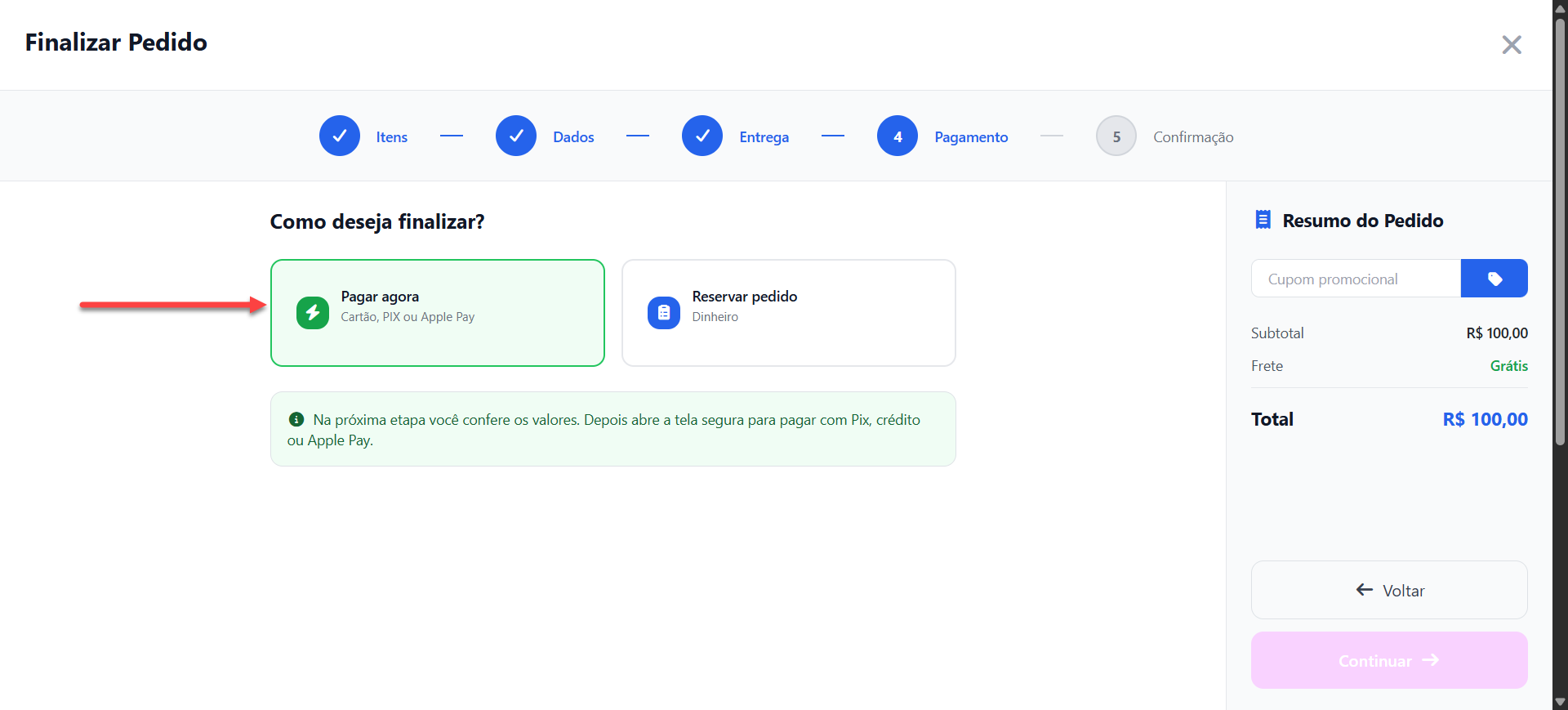 Tela do catálogo digital do sistema SMB Store indicando a forma de pagamento referente à integração com a InfinitePay após ativar a integração e a exibição no catálogo.