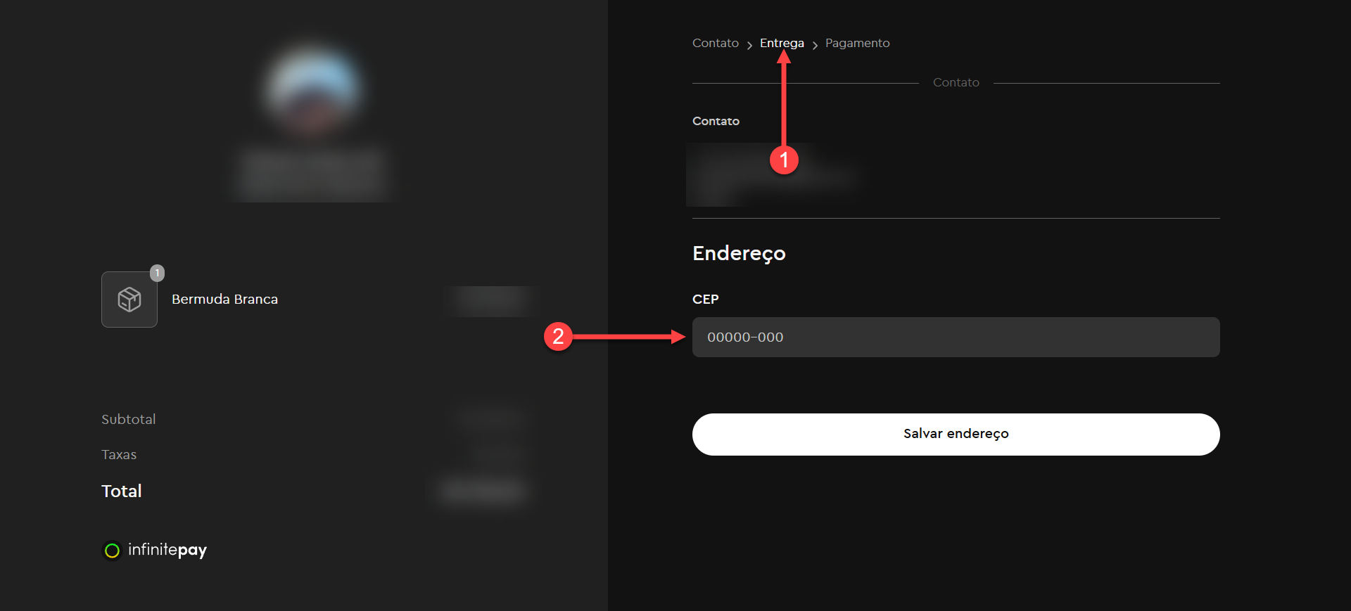 Tela do link de pagamento da InfinitePay gerado a partir de um pedido no catálogo digital do sistema SMB Store, na aba de preenchimento de um endereço de entrega.