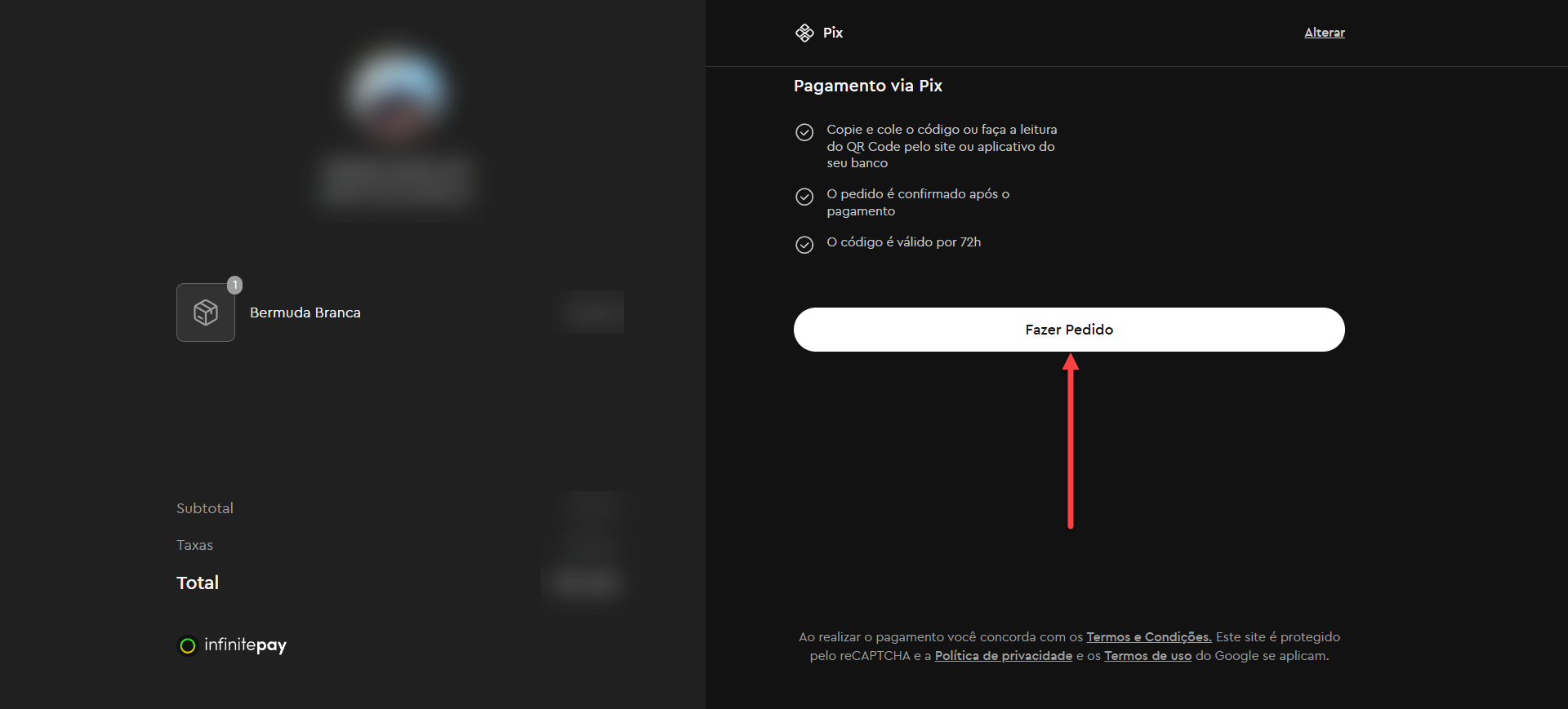 Tela do link de pagamento da InfinitePay gerado a partir de um pedido no catálogo digital do sistema SMB Store, na aba de confirmação do pedido.