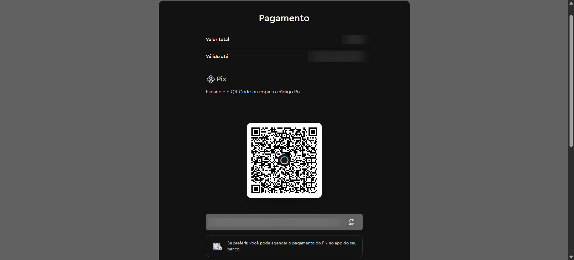 Tela do link de pagamento da InfinitePay gerado a partir de um pedido no catálogo digital do sistema SMB Store, exibindo o exemplo de um pagamento via PIX.