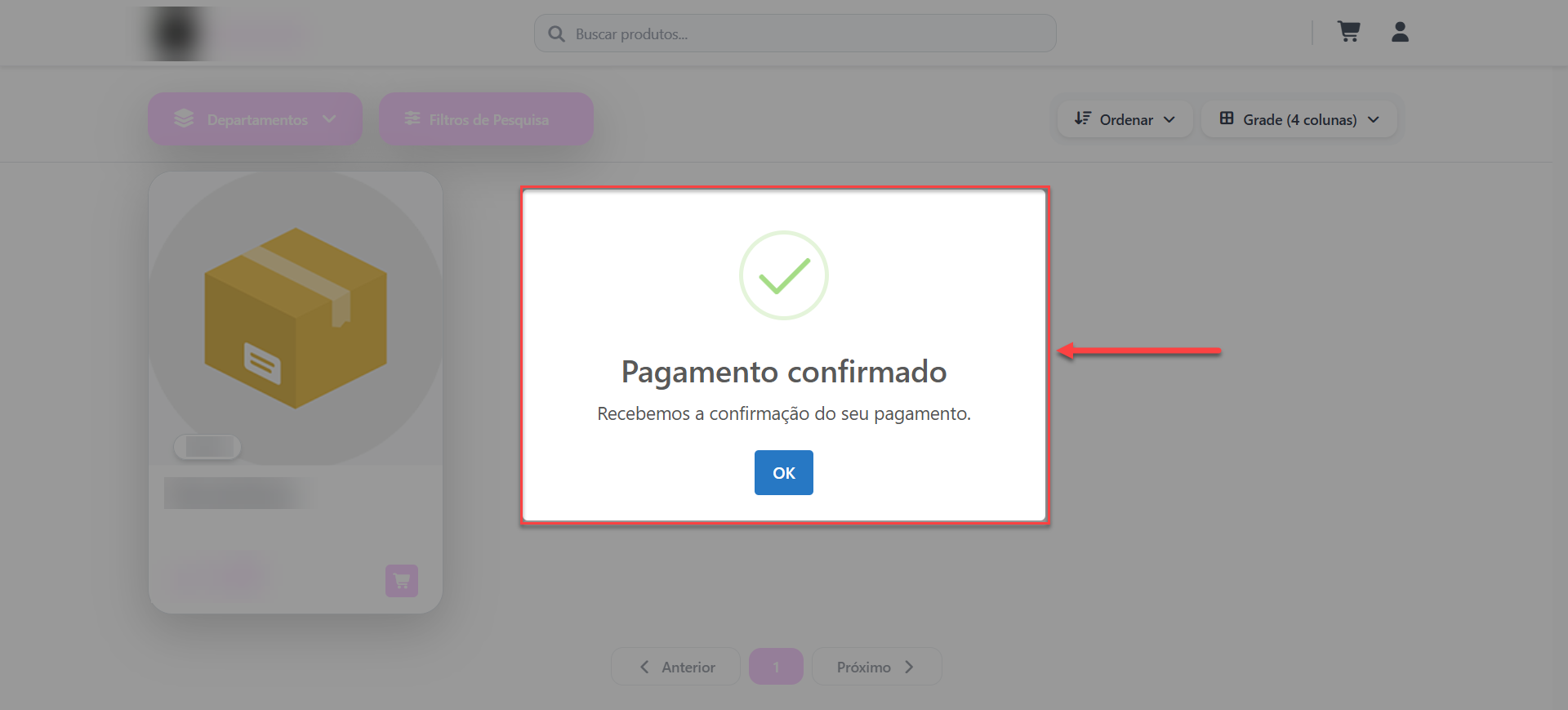 Tela do catálogo digital do sistema SMB Store indicando a confirmação de um pagamento efetuado pelo catálogo digital através da integração com a InfinitePay.