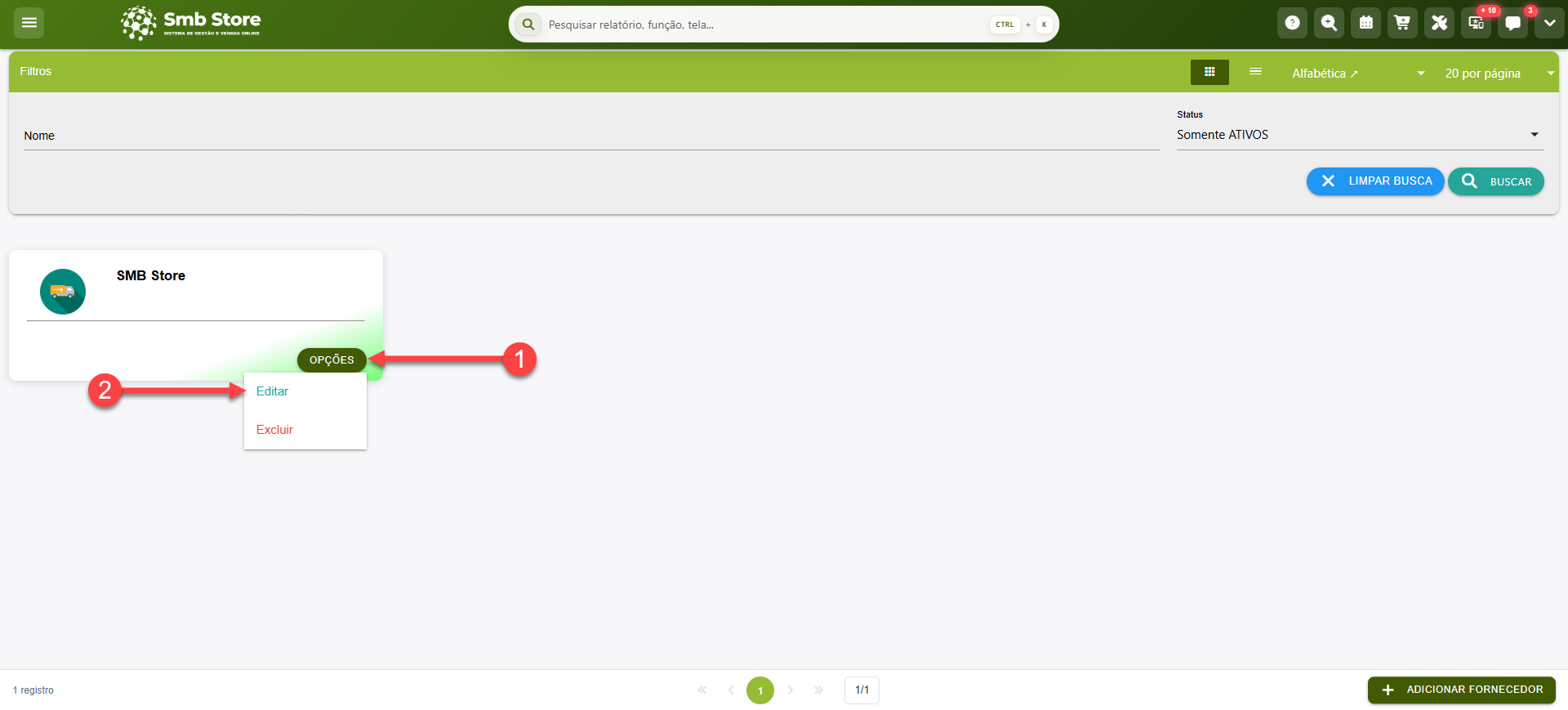 Tela do sistema SMB Store indicando como acessar o cadastro de um fornecedor para a edição de informações, em Pessoas > Fornecedores.