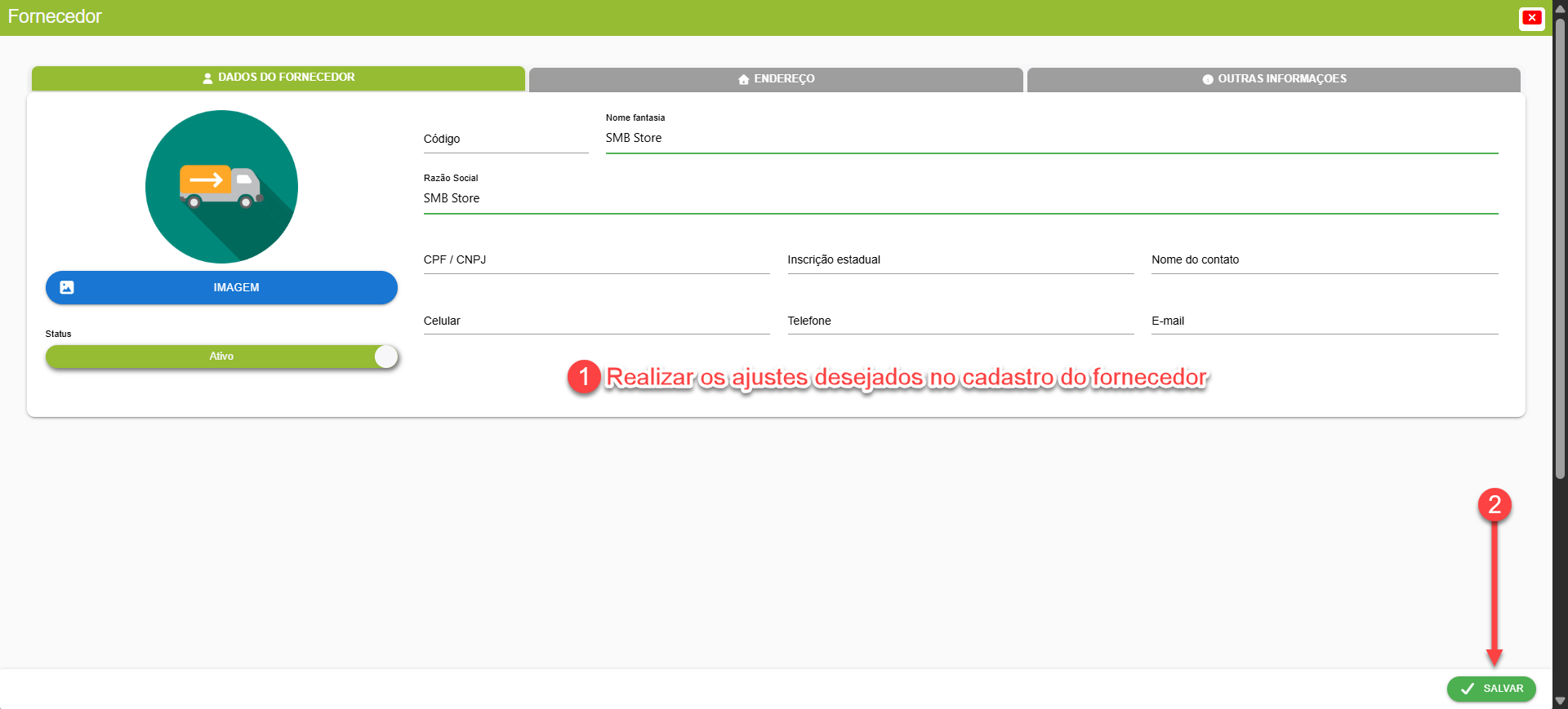 Tela do sistema SMB Store exibindo o cadastro de um fornecedor para a edição de informações, em Pessoas > Fornecedores.